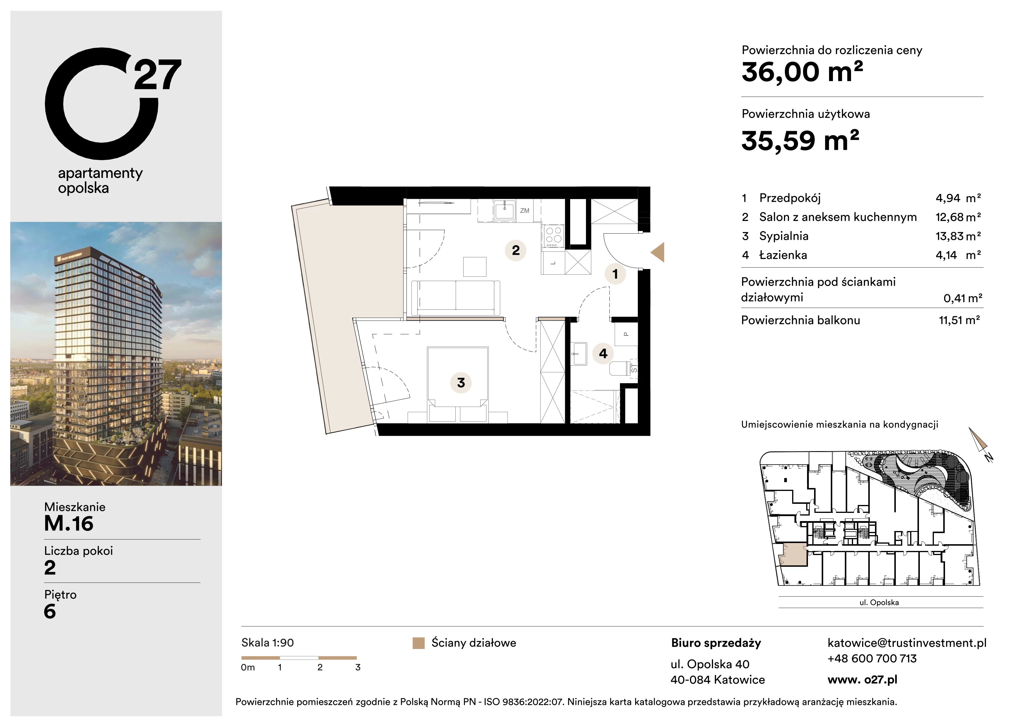 2 pokoje, mieszkanie 36,00 m², piętro 6, oferta nr M.16, O27 Apartamenty Opolska, Katowice, Śródmieście, ul. Opolska 27