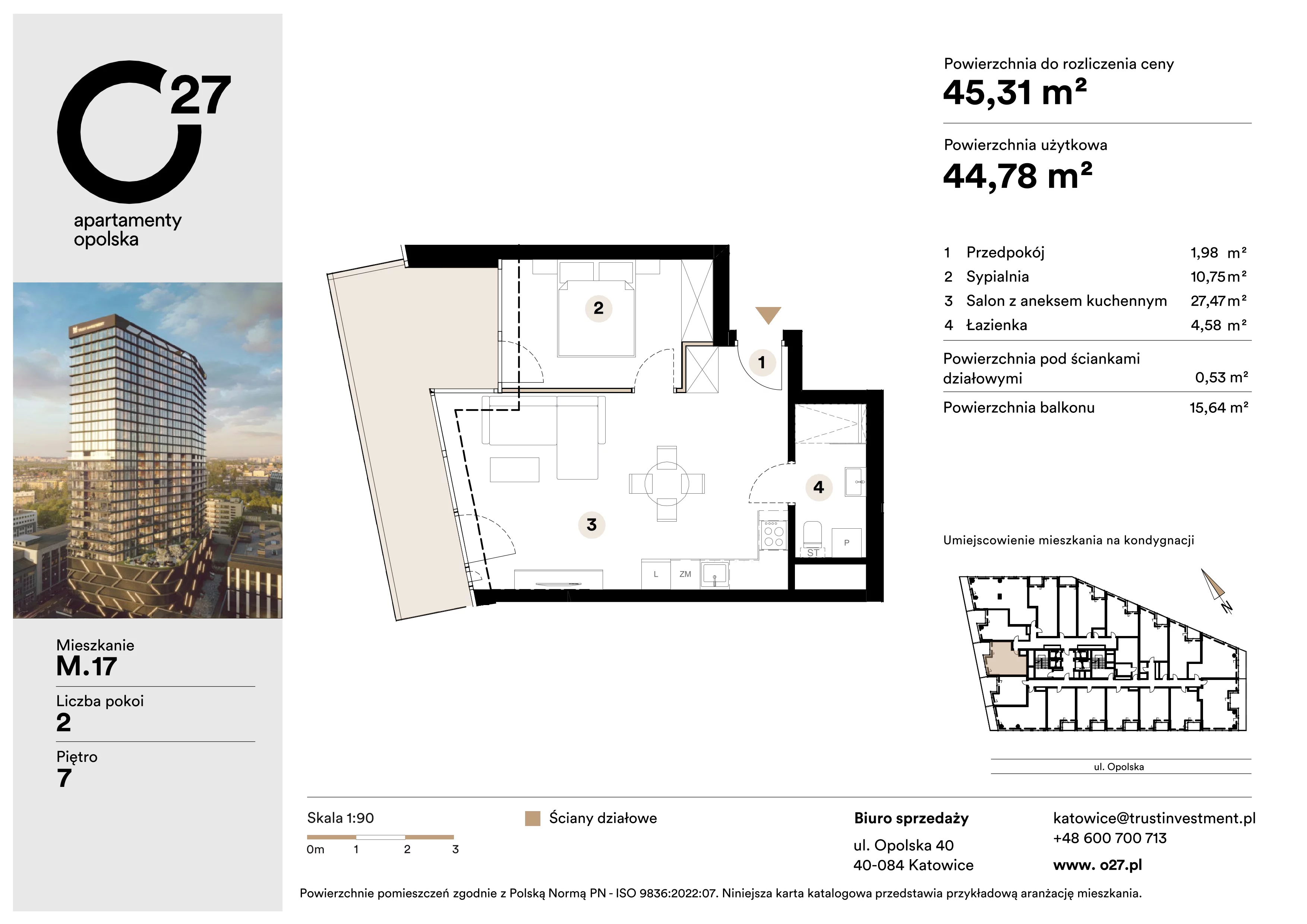 2 pokoje, apartament 45,31 m², piętro 7, oferta nr M.17, O27 Apartamenty Opolska, Katowice, Śródmieście, ul. Opolska 27