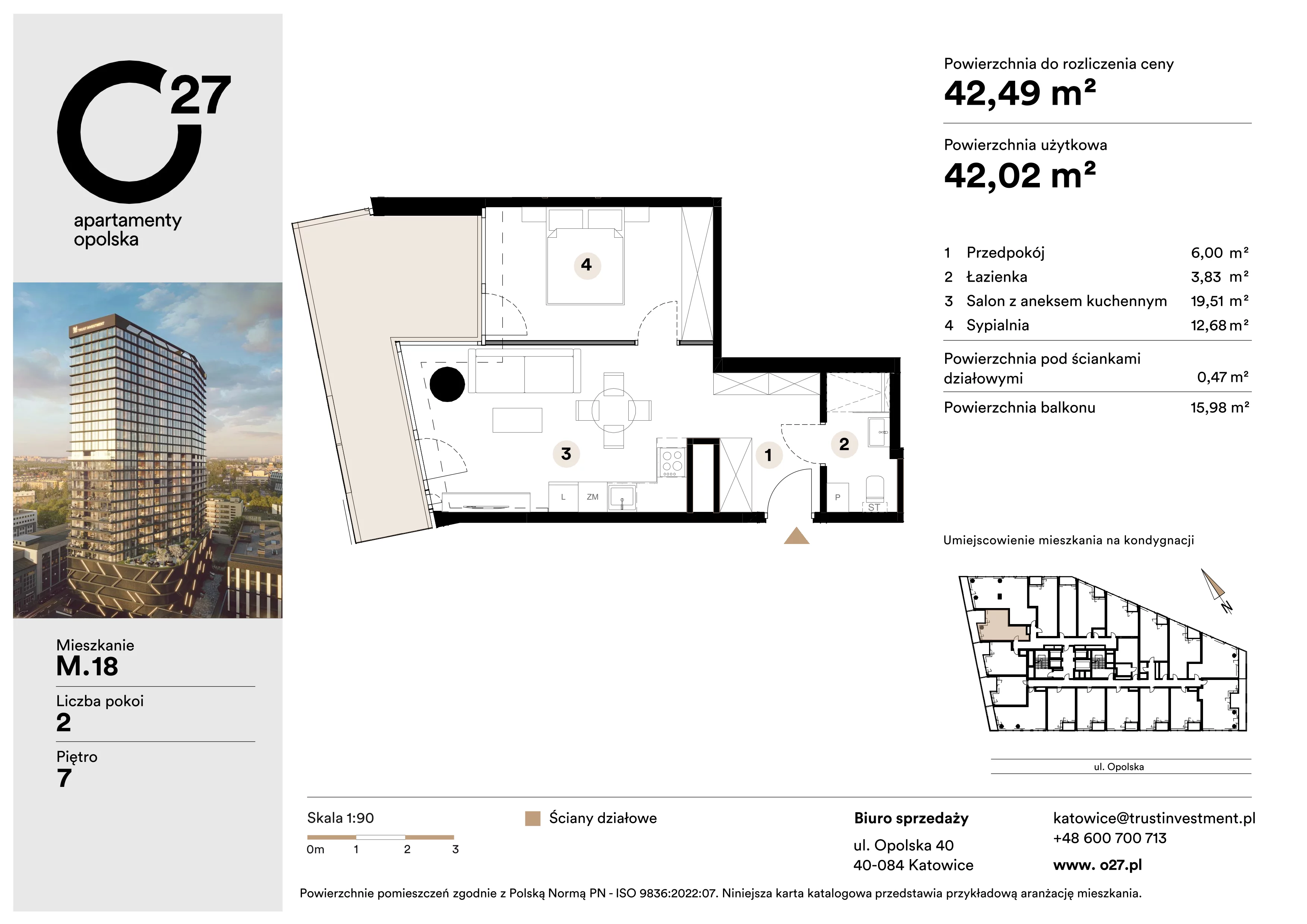 2 pokoje, apartament 42,49 m², piętro 7, oferta nr M.18, O27 Apartamenty Opolska, Katowice, Śródmieście, ul. Opolska 27