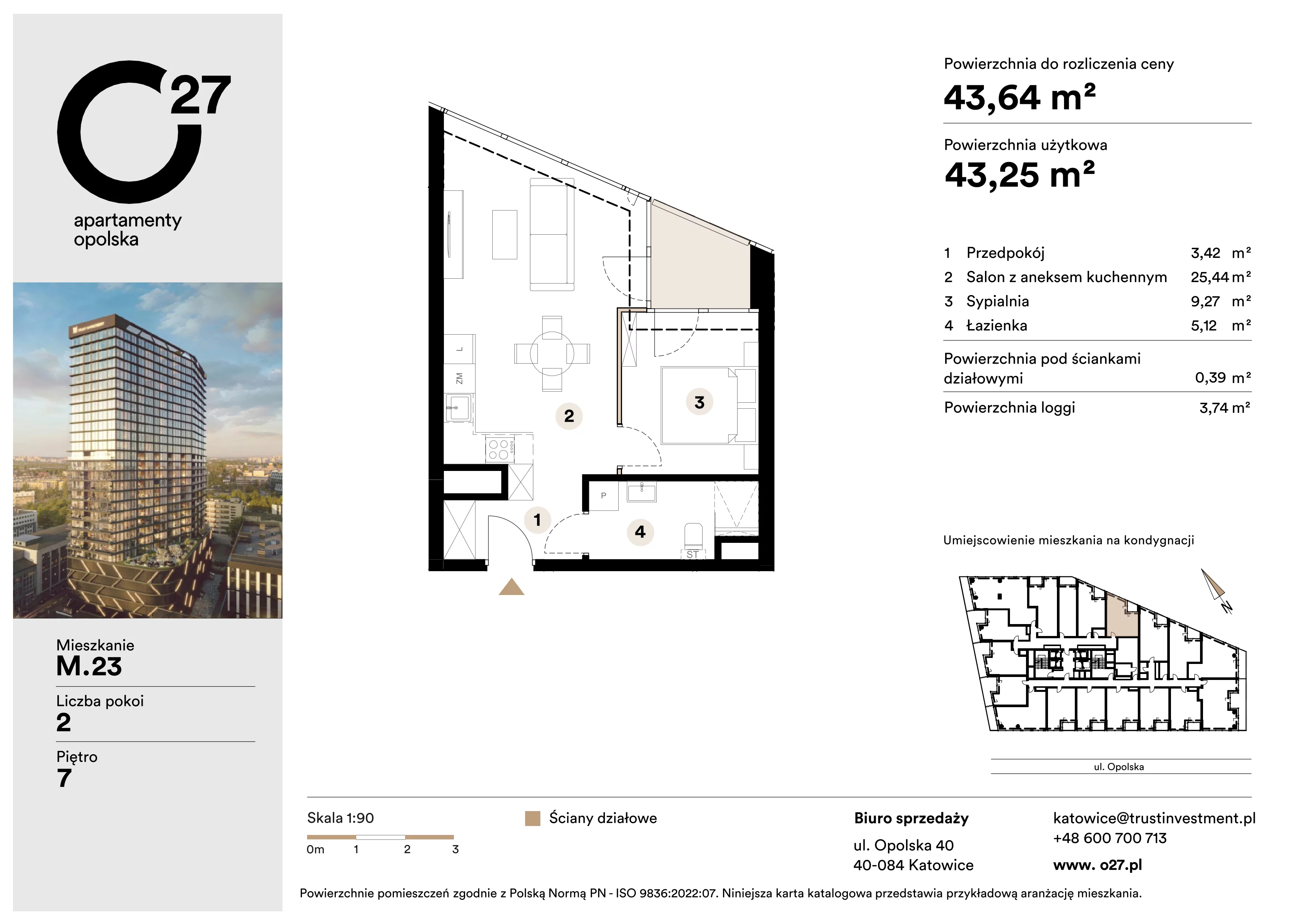 2 pokoje, apartament 43,64 m², piętro 7, oferta nr M.23, O27 Apartamenty Opolska, Katowice, Śródmieście, ul. Opolska 27