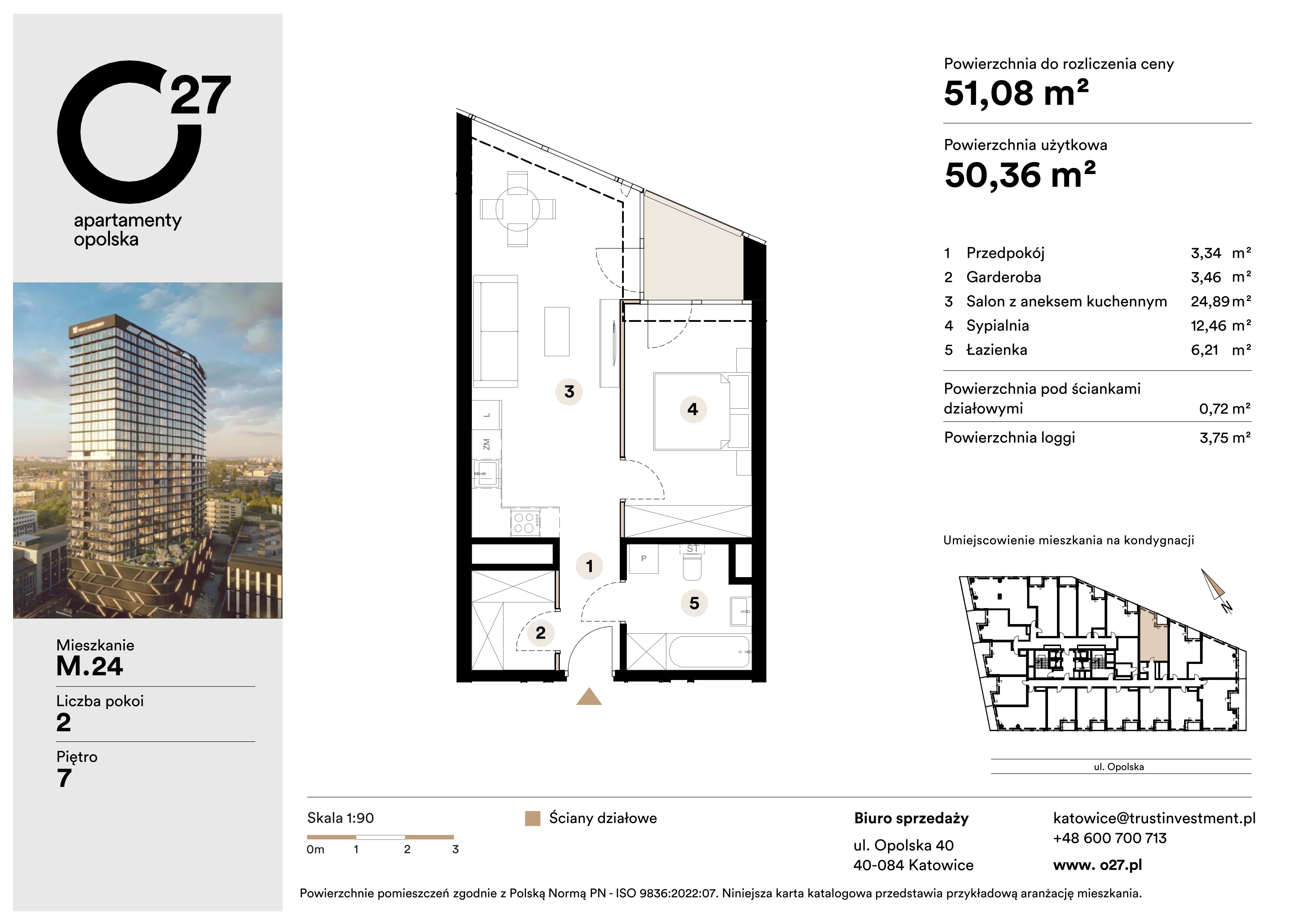 2 pokoje, mieszkanie 51,08 m², piętro 7, oferta nr M.24, O27 Apartamenty Opolska, Katowice, Śródmieście, ul. Opolska 27