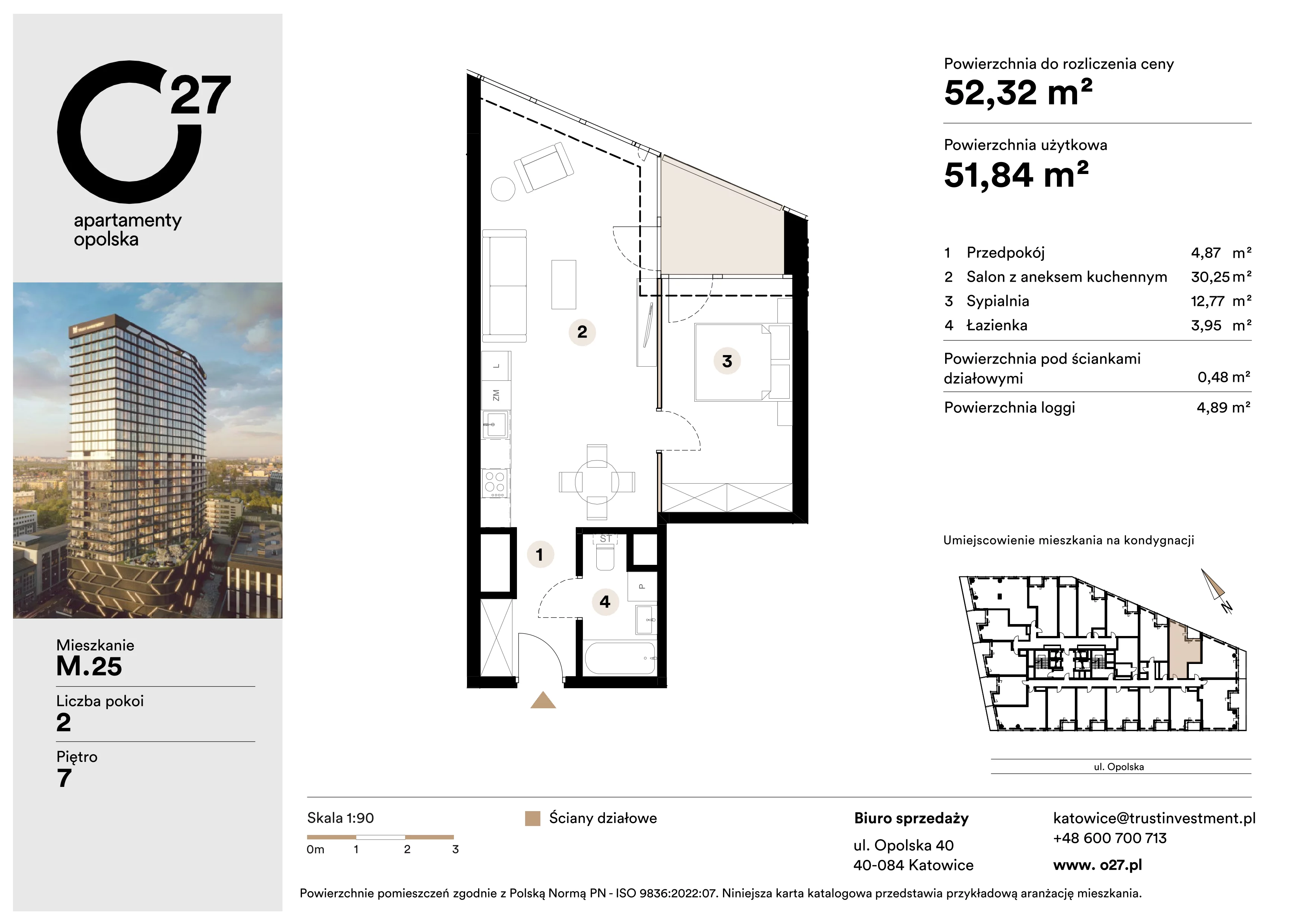 2 pokoje, mieszkanie 52,32 m², piętro 7, oferta nr M.25, O27 Apartamenty Opolska, Katowice, Śródmieście, ul. Opolska 27