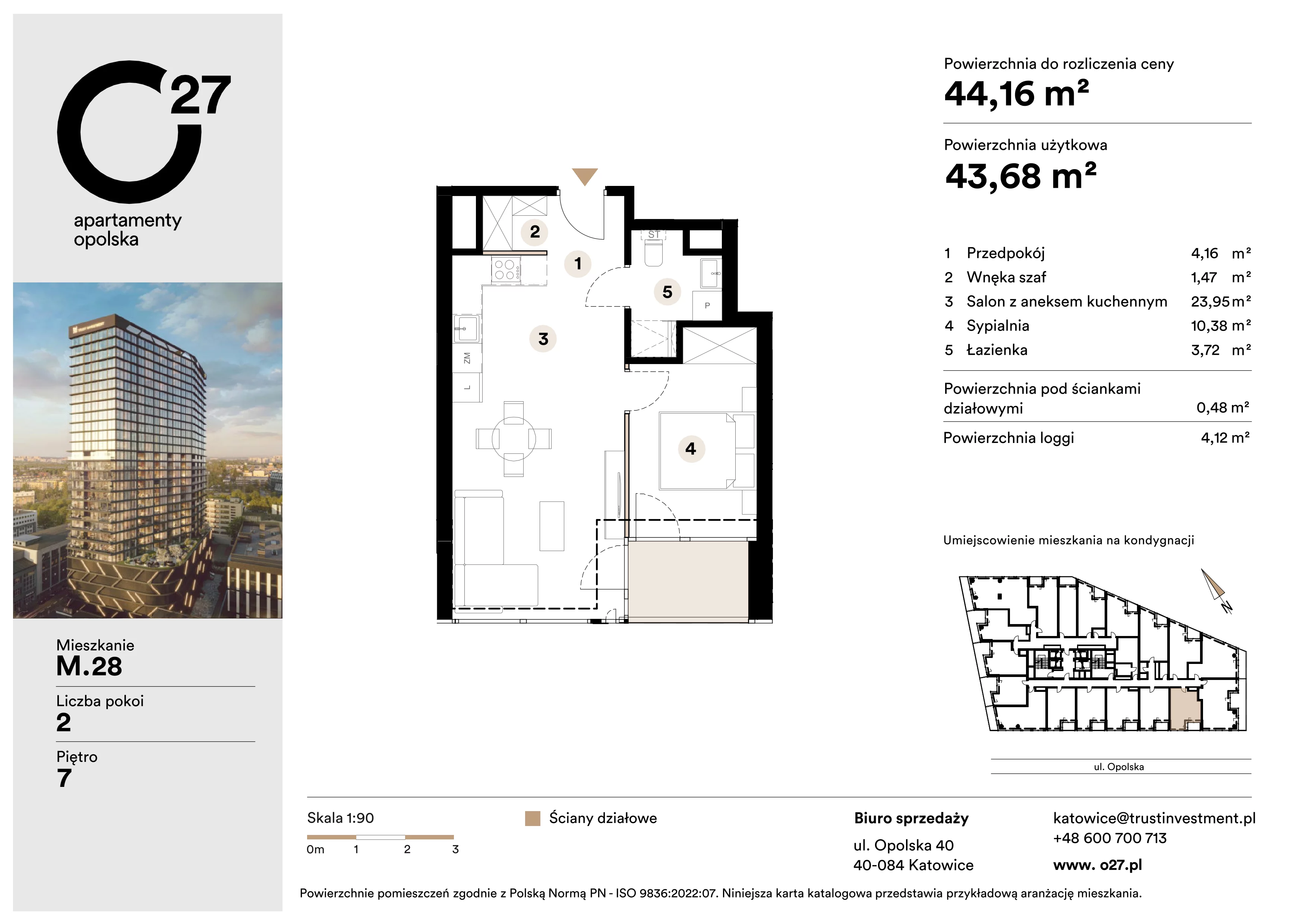 2 pokoje, apartament 44,16 m², piętro 7, oferta nr M.28, O27 Apartamenty Opolska, Katowice, Śródmieście, ul. Opolska 27