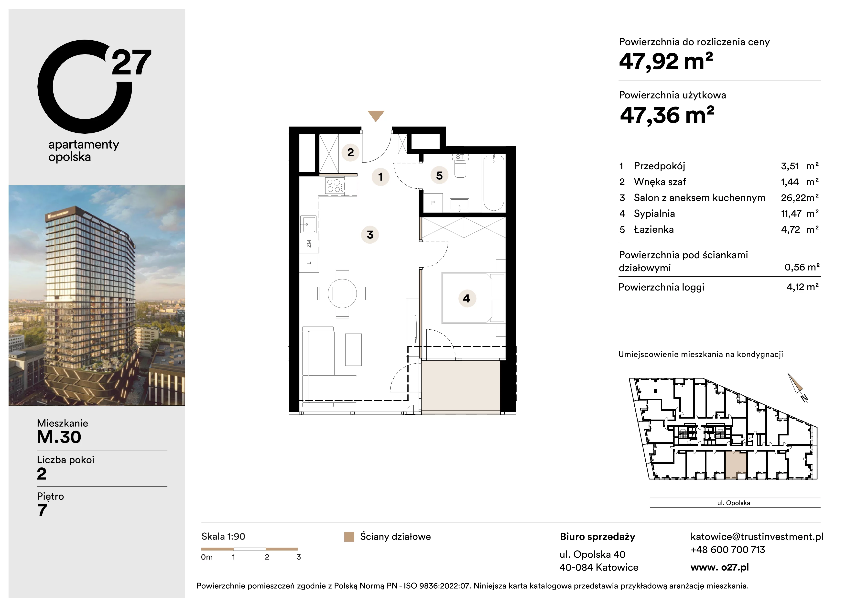 2 pokoje, apartament 47,92 m², piętro 7, oferta nr M.30, O27 Apartamenty Opolska, Katowice, Śródmieście, ul. Opolska 27