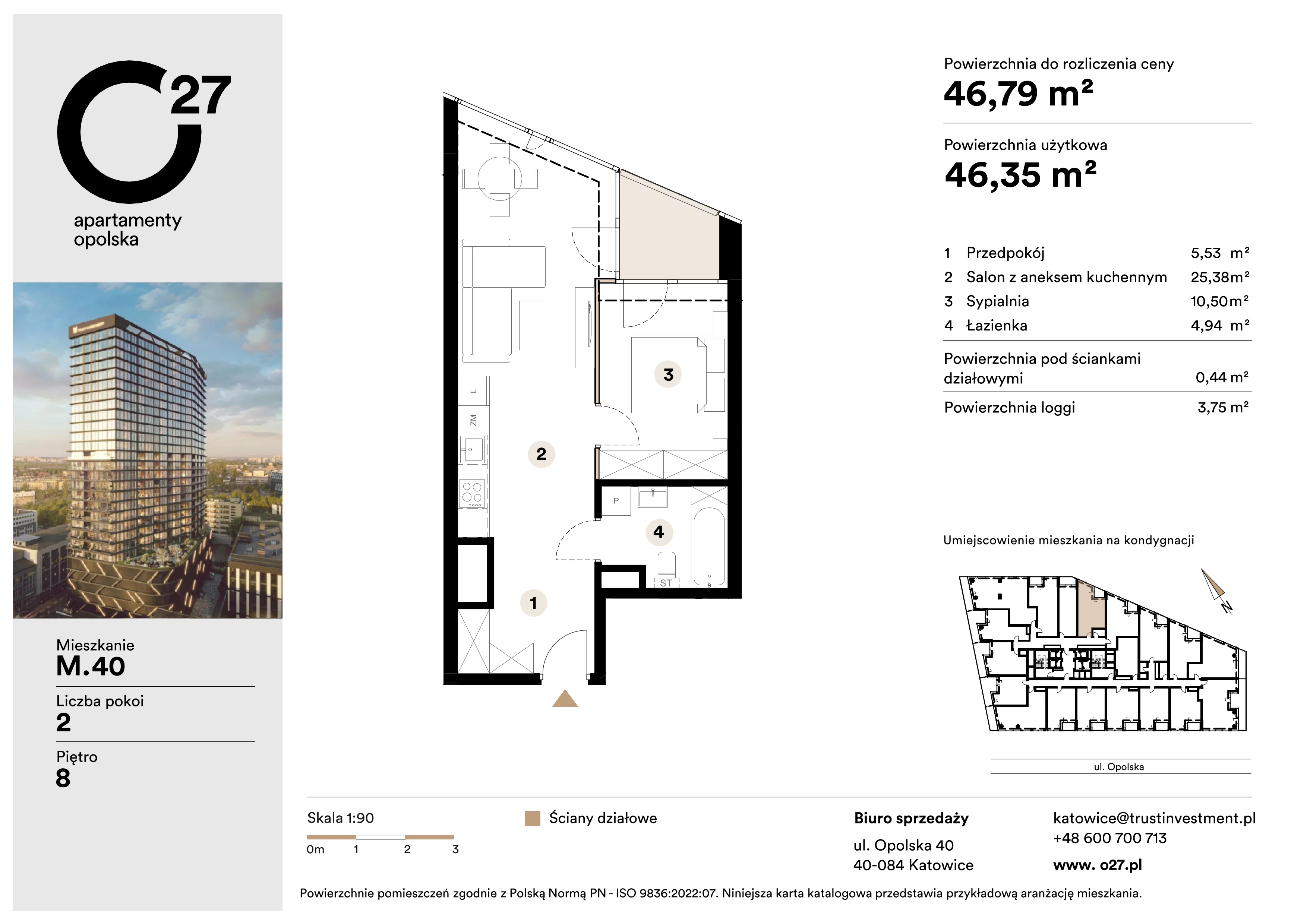 2 pokoje, apartament 46,79 m², piętro 8, oferta nr M.40, O27 Apartamenty Opolska, Katowice, Śródmieście, ul. Opolska 27