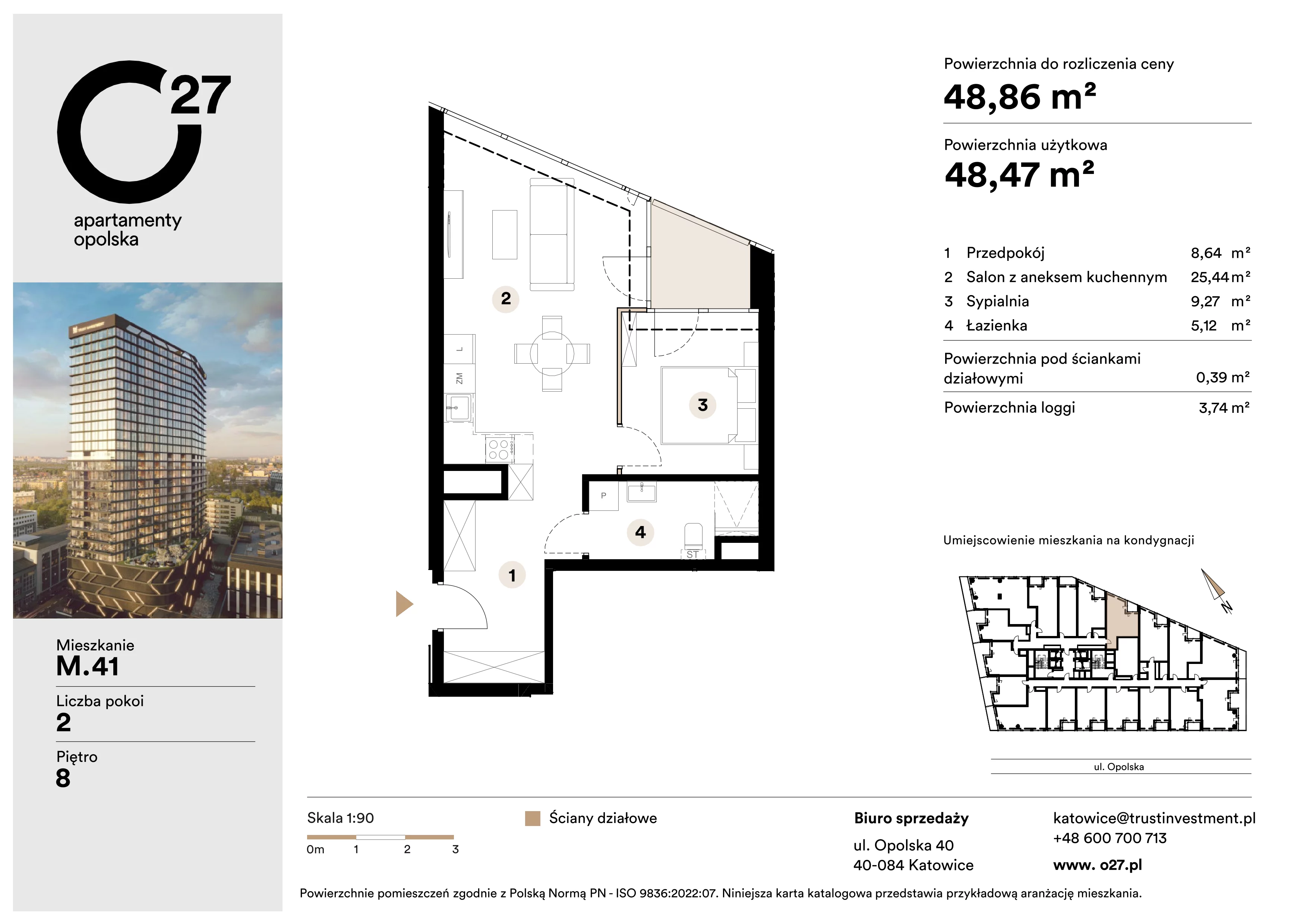 2 pokoje, mieszkanie 48,86 m², piętro 8, oferta nr M.41, O27 Apartamenty Opolska, Katowice, Śródmieście, ul. Opolska 27