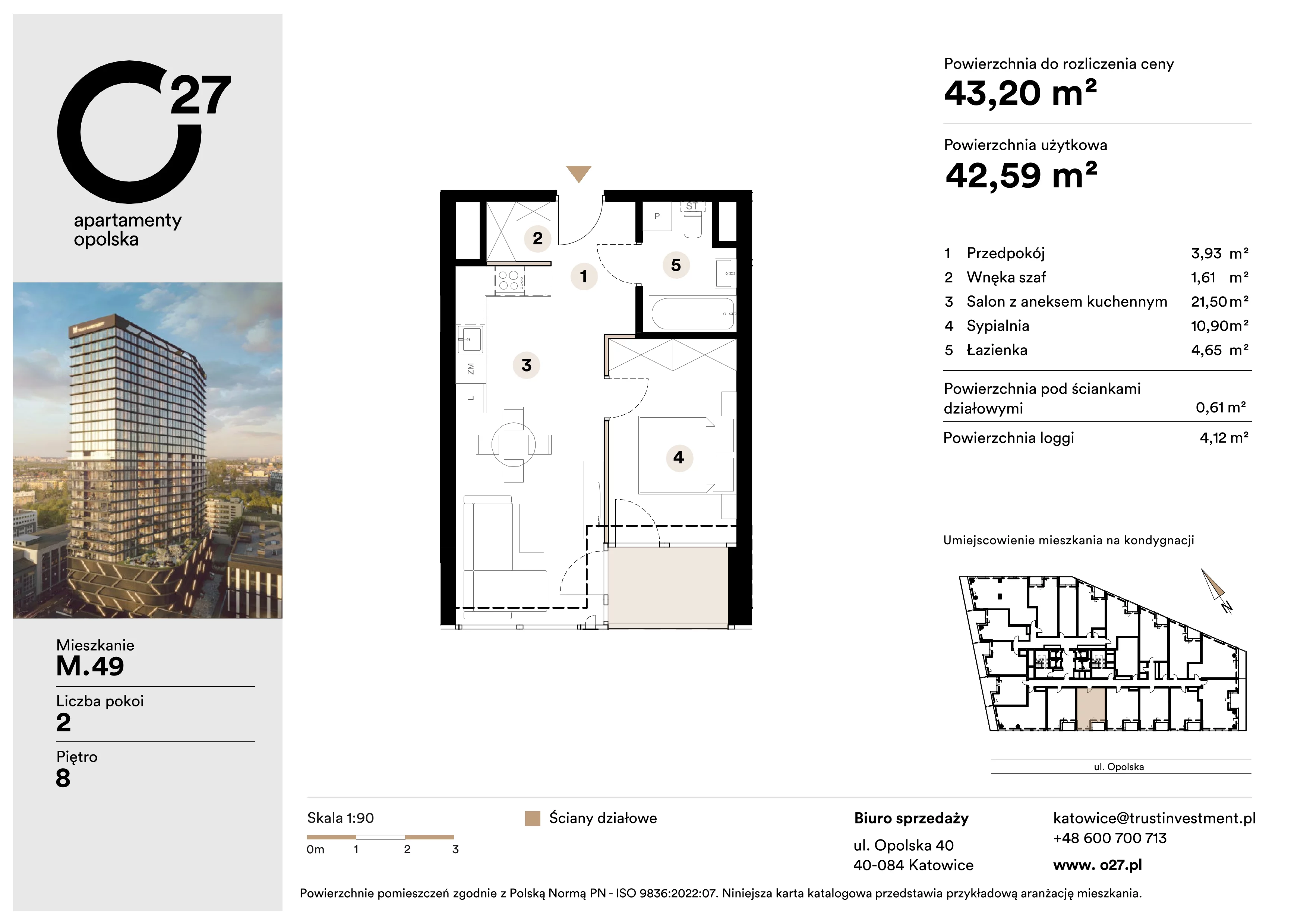 2 pokoje, apartament 43,20 m², piętro 8, oferta nr M.49, O27 Apartamenty Opolska, Katowice, Śródmieście, ul. Opolska 27