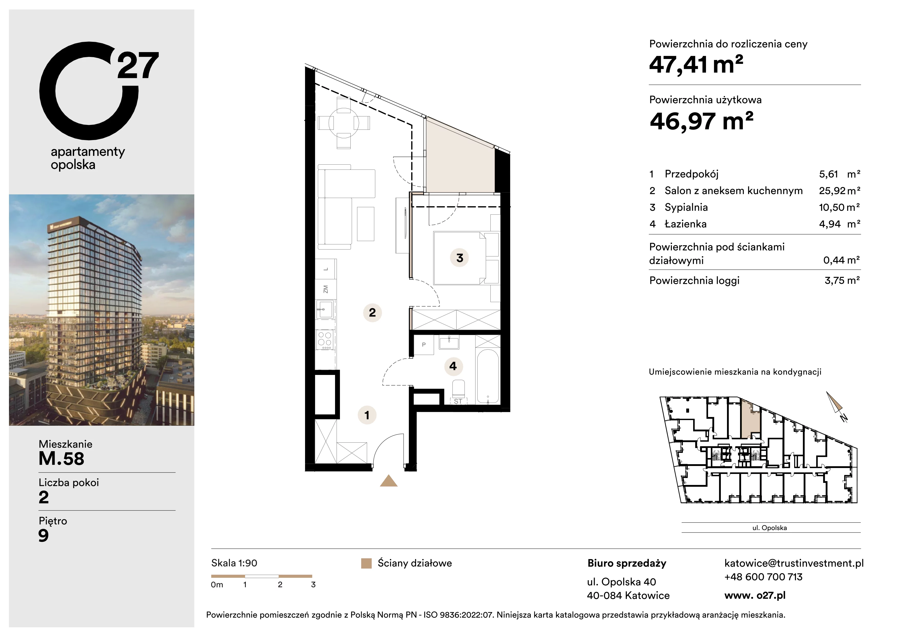 2 pokoje, mieszkanie 47,41 m², piętro 9, oferta nr M.58, O27 Apartamenty Opolska, Katowice, Śródmieście, ul. Opolska 27