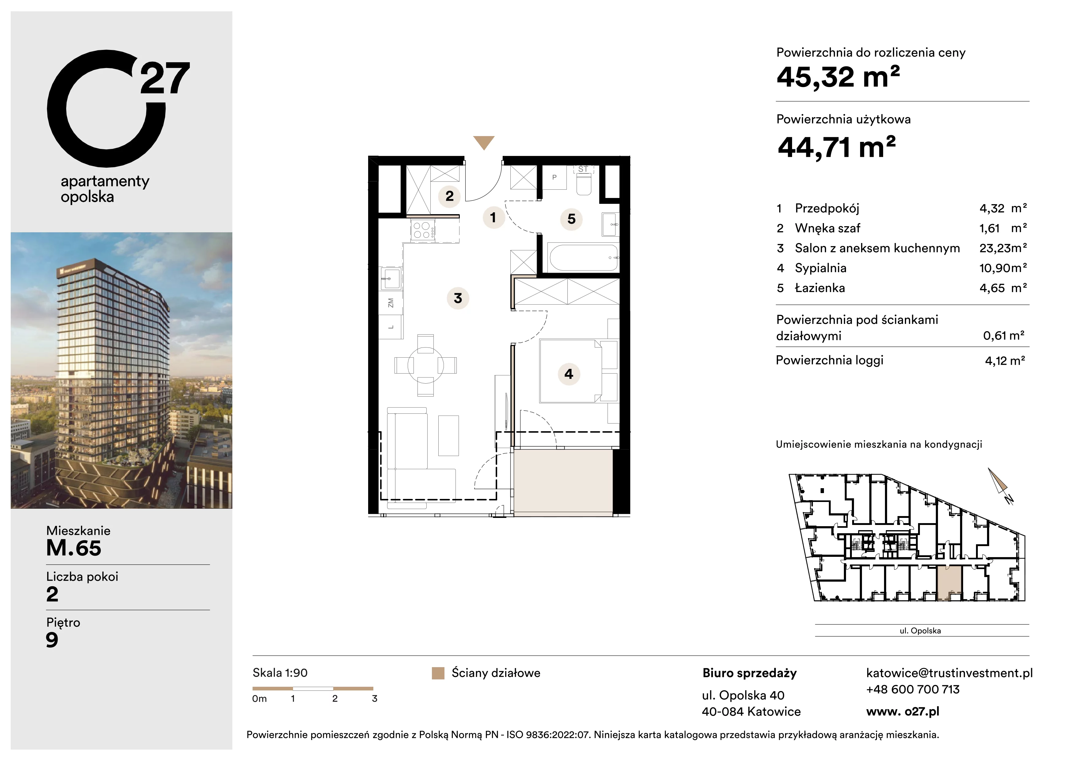 2 pokoje, apartament 45,32 m², piętro 9, oferta nr M.65, O27 Apartamenty Opolska, Katowice, Śródmieście, ul. Opolska 27