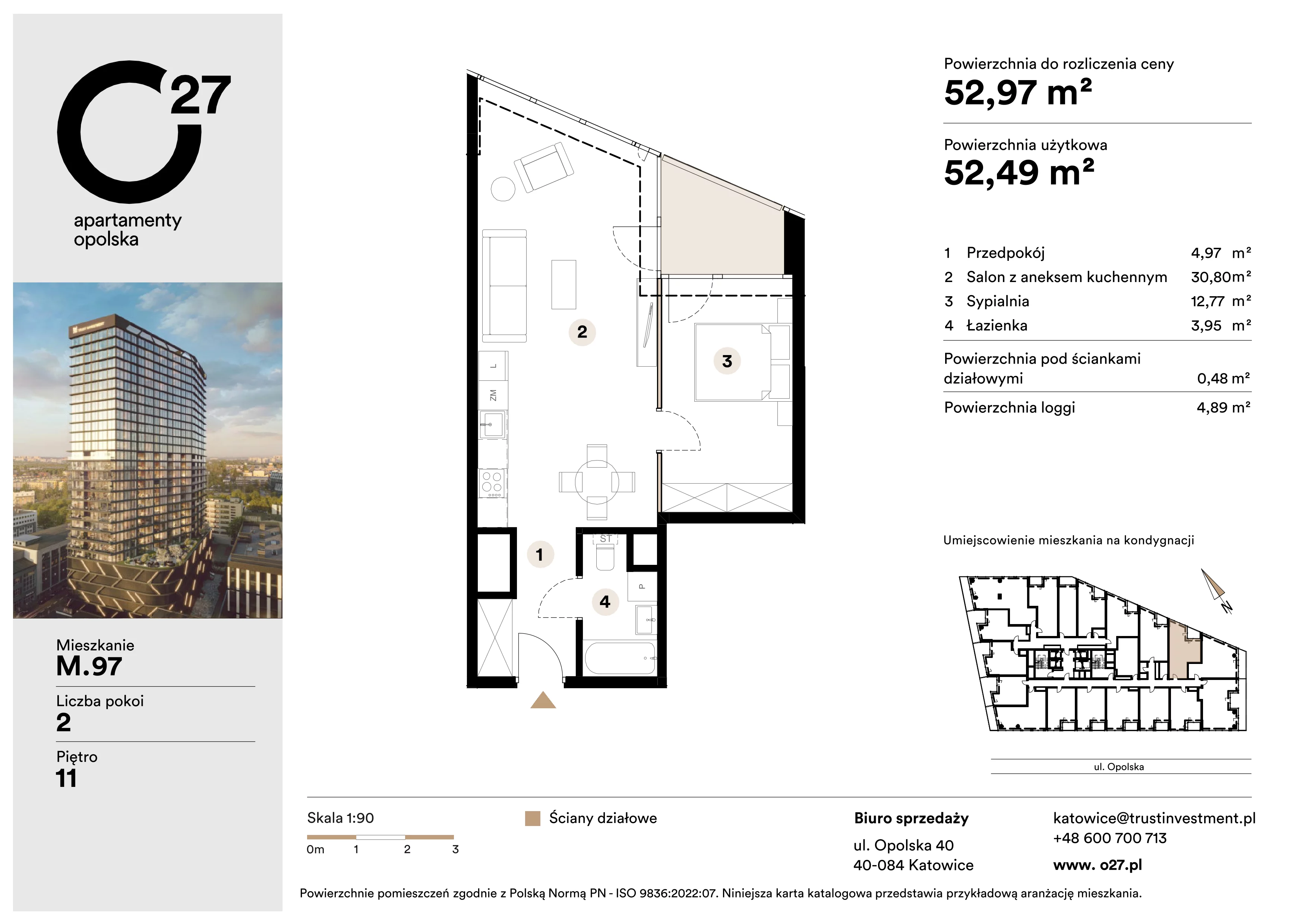 2 pokoje, mieszkanie 52,97 m², piętro 11, oferta nr M.97, O27 Apartamenty Opolska, Katowice, Śródmieście, ul. Opolska 27