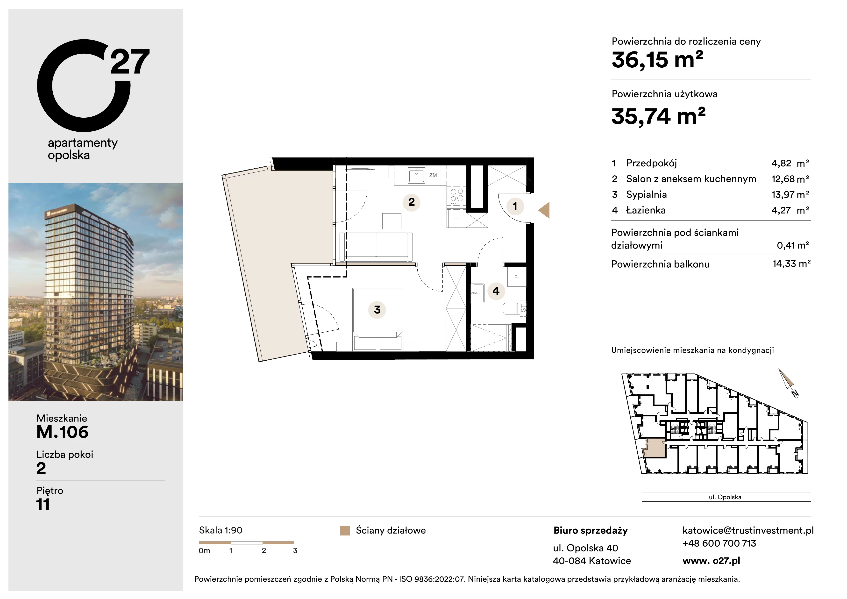 2 pokoje, mieszkanie 36,15 m², piętro 11, oferta nr M.106, O27 Apartamenty Opolska, Katowice, Śródmieście, ul. Opolska 27