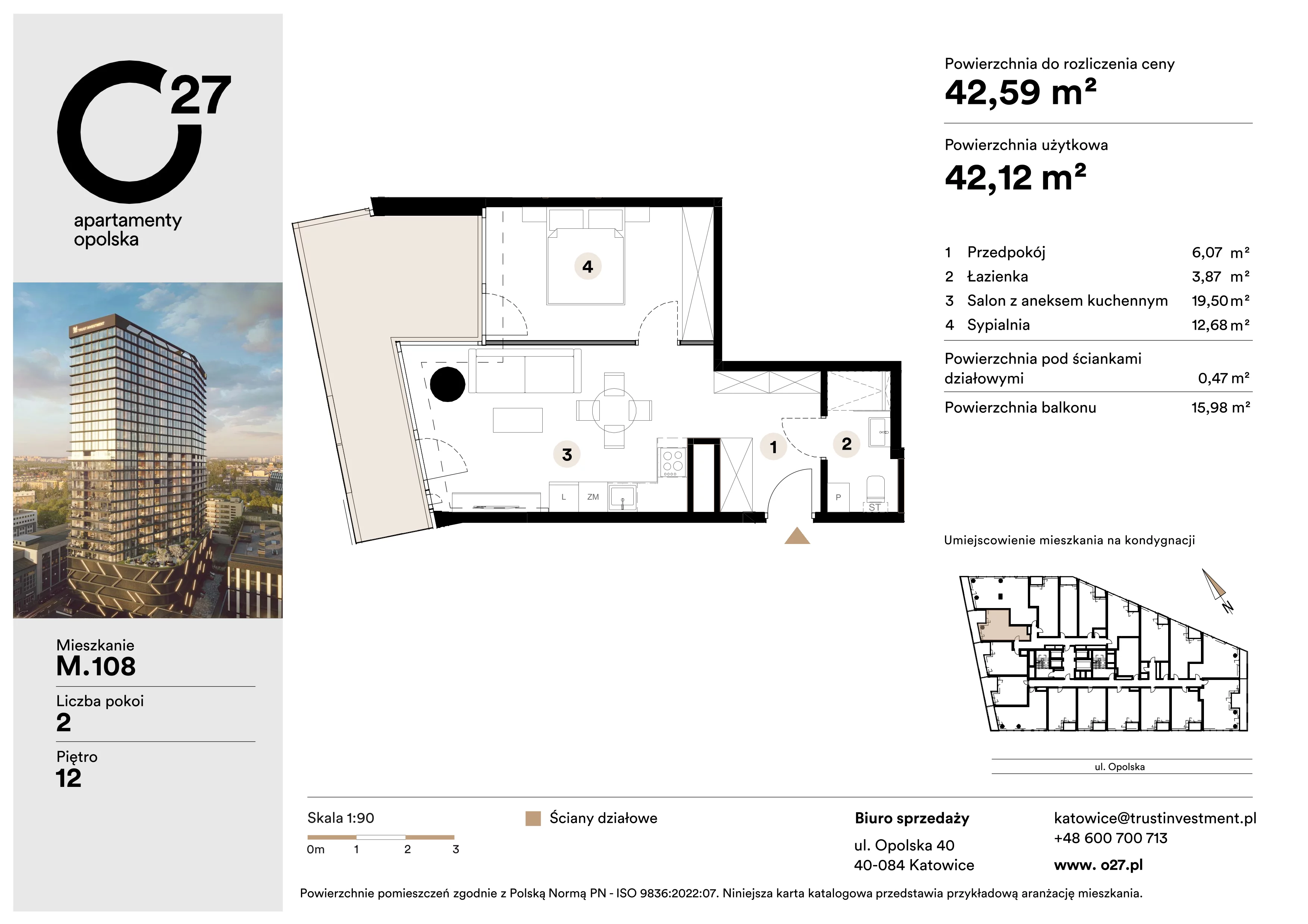 2 pokoje, apartament 42,59 m², piętro 12, oferta nr M.108, O27 Apartamenty Opolska, Katowice, Śródmieście, ul. Opolska 27