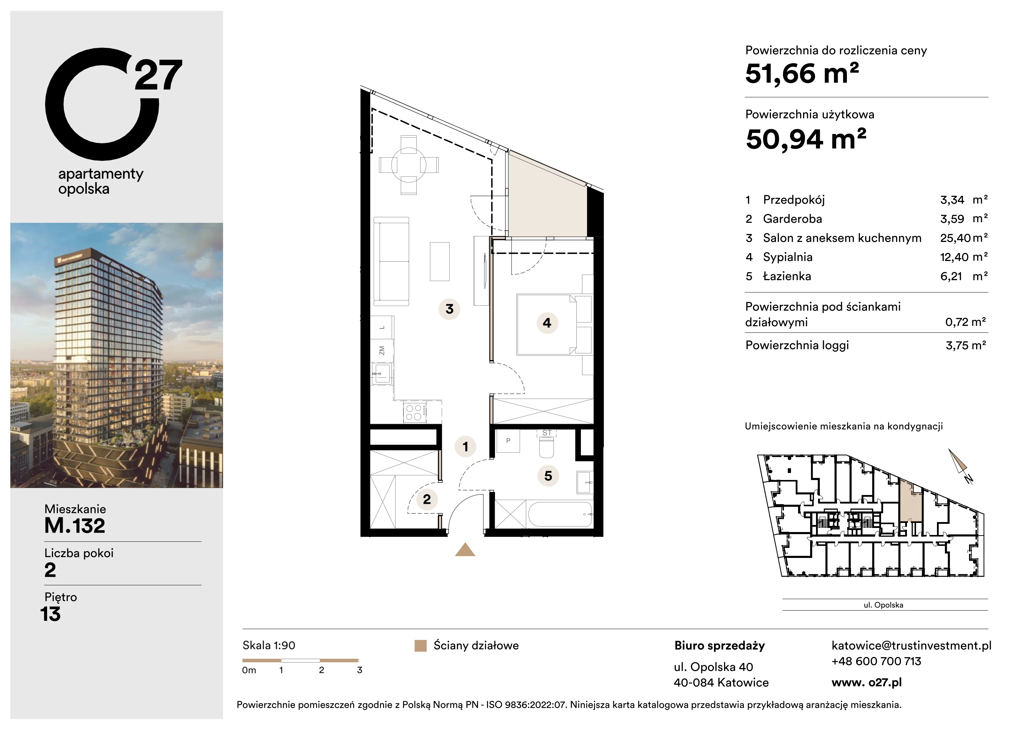 2 pokoje, apartament 51,66 m², piętro 13, oferta nr M.132, O27 Apartamenty Opolska, Katowice, Śródmieście, ul. Opolska 27