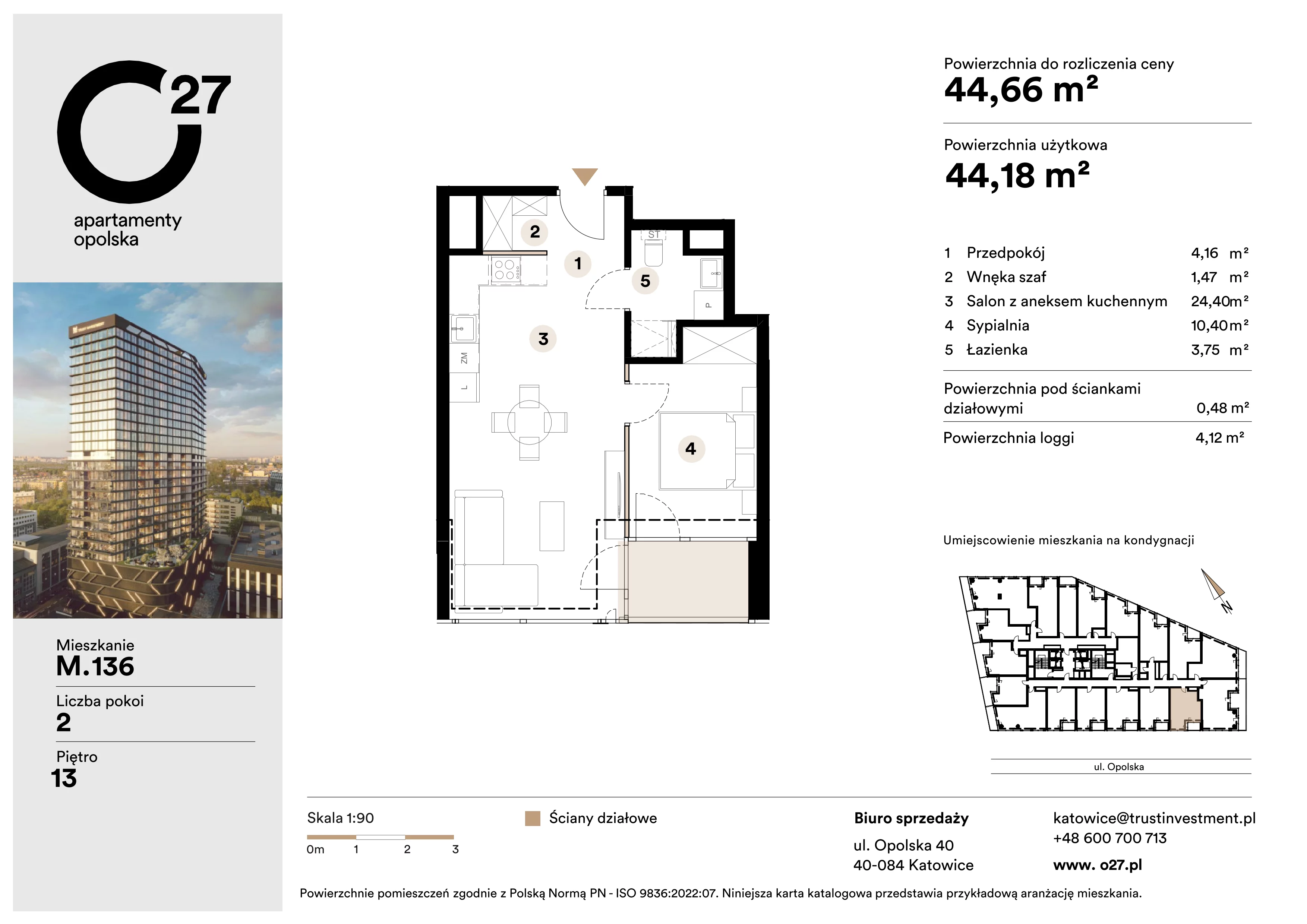 2 pokoje, apartament 44,66 m², piętro 13, oferta nr M.136, O27 Apartamenty Opolska, Katowice, Śródmieście, ul. Opolska 27