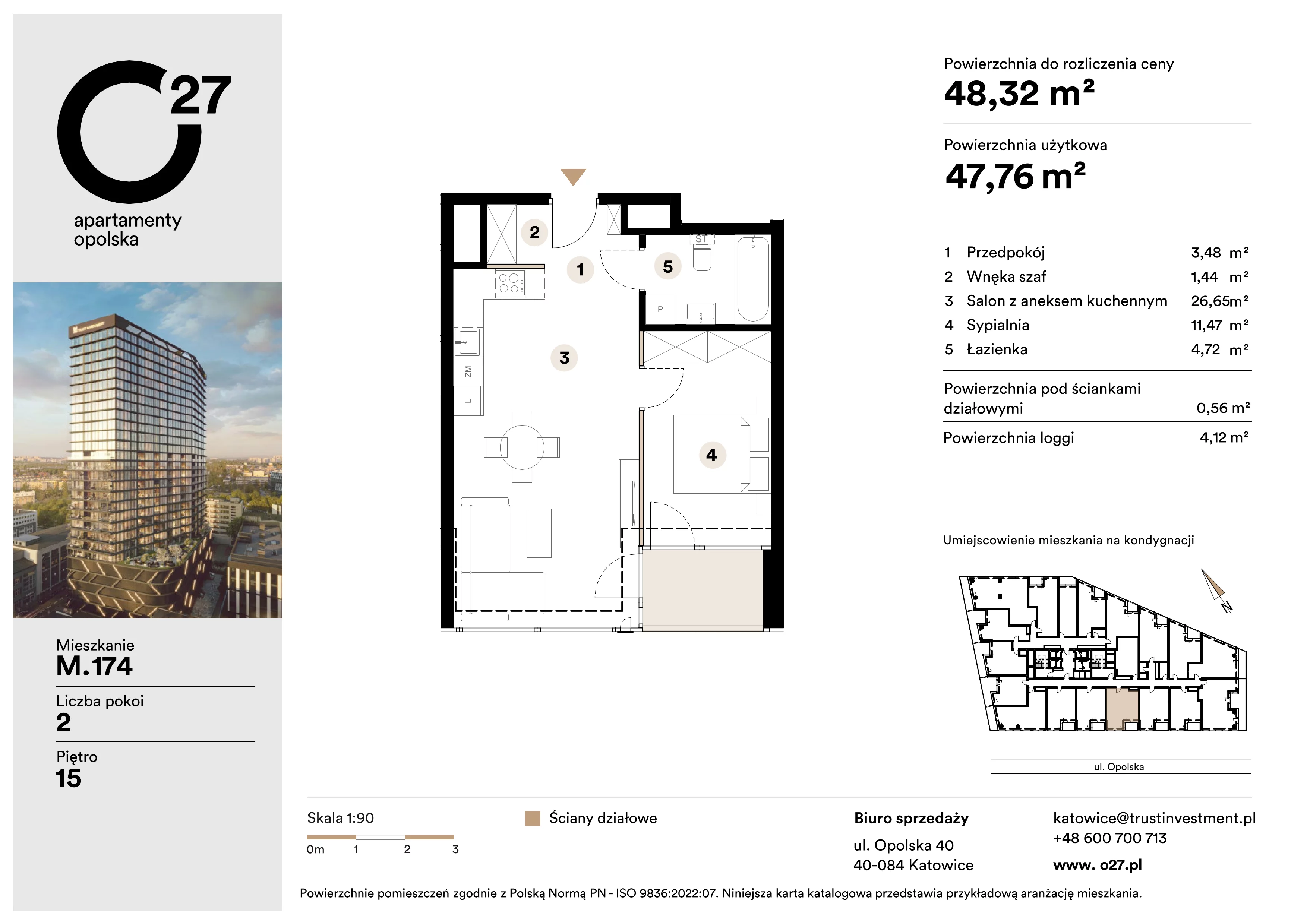 2 pokoje, apartament 48,32 m², piętro 15, oferta nr M.174, O27 Apartamenty Opolska, Katowice, Śródmieście, ul. Opolska 27