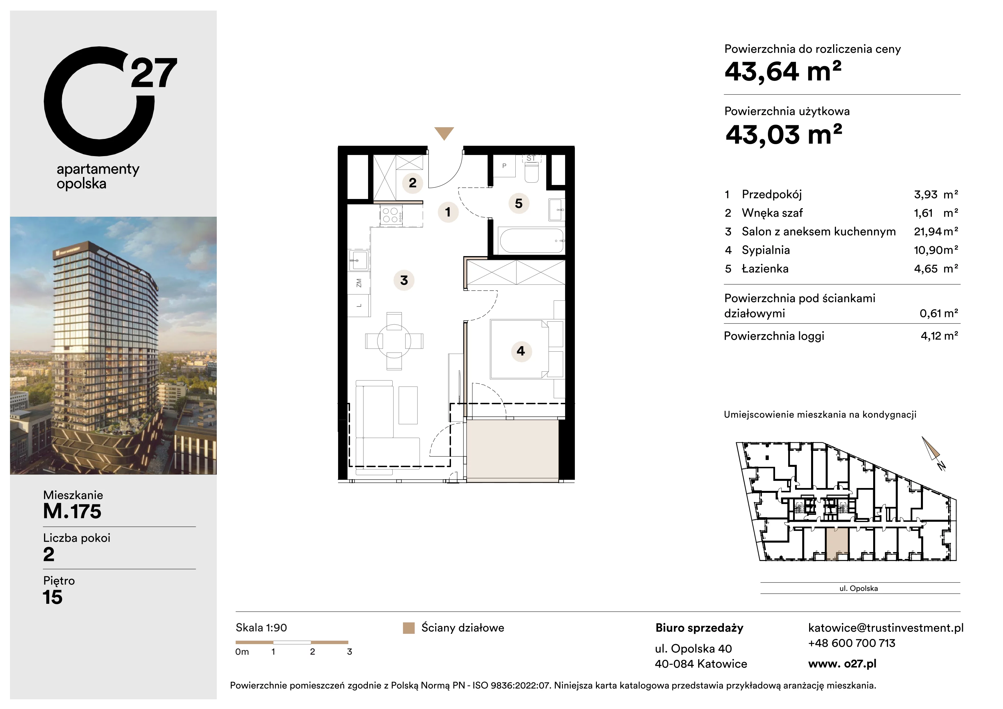 2 pokoje, apartament 43,64 m², piętro 15, oferta nr M.175, O27 Apartamenty Opolska, Katowice, Śródmieście, ul. Opolska 27