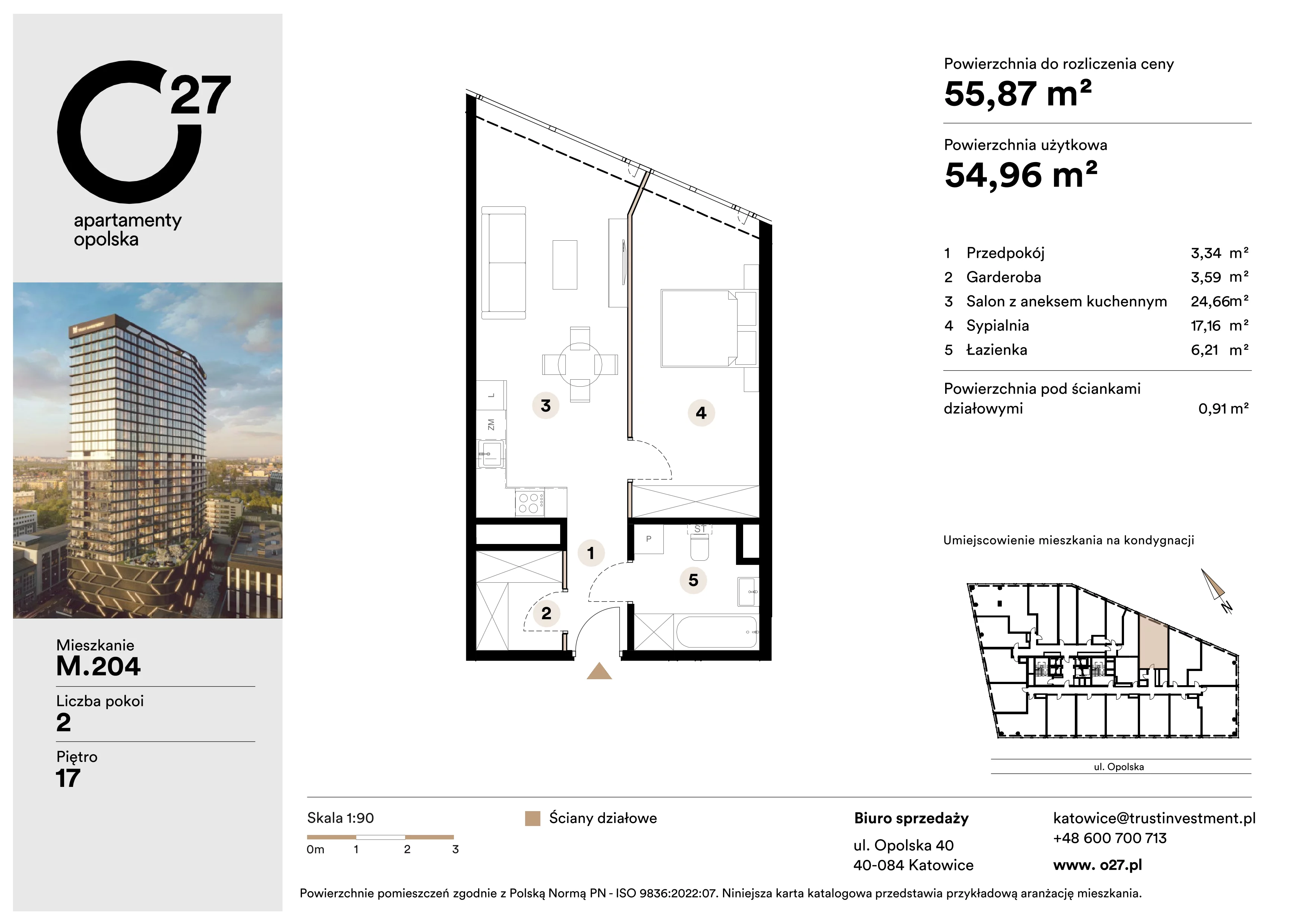 2 pokoje, mieszkanie 55,87 m², piętro 17, oferta nr M.204, O27 Apartamenty Opolska, Katowice, Śródmieście, ul. Opolska 27