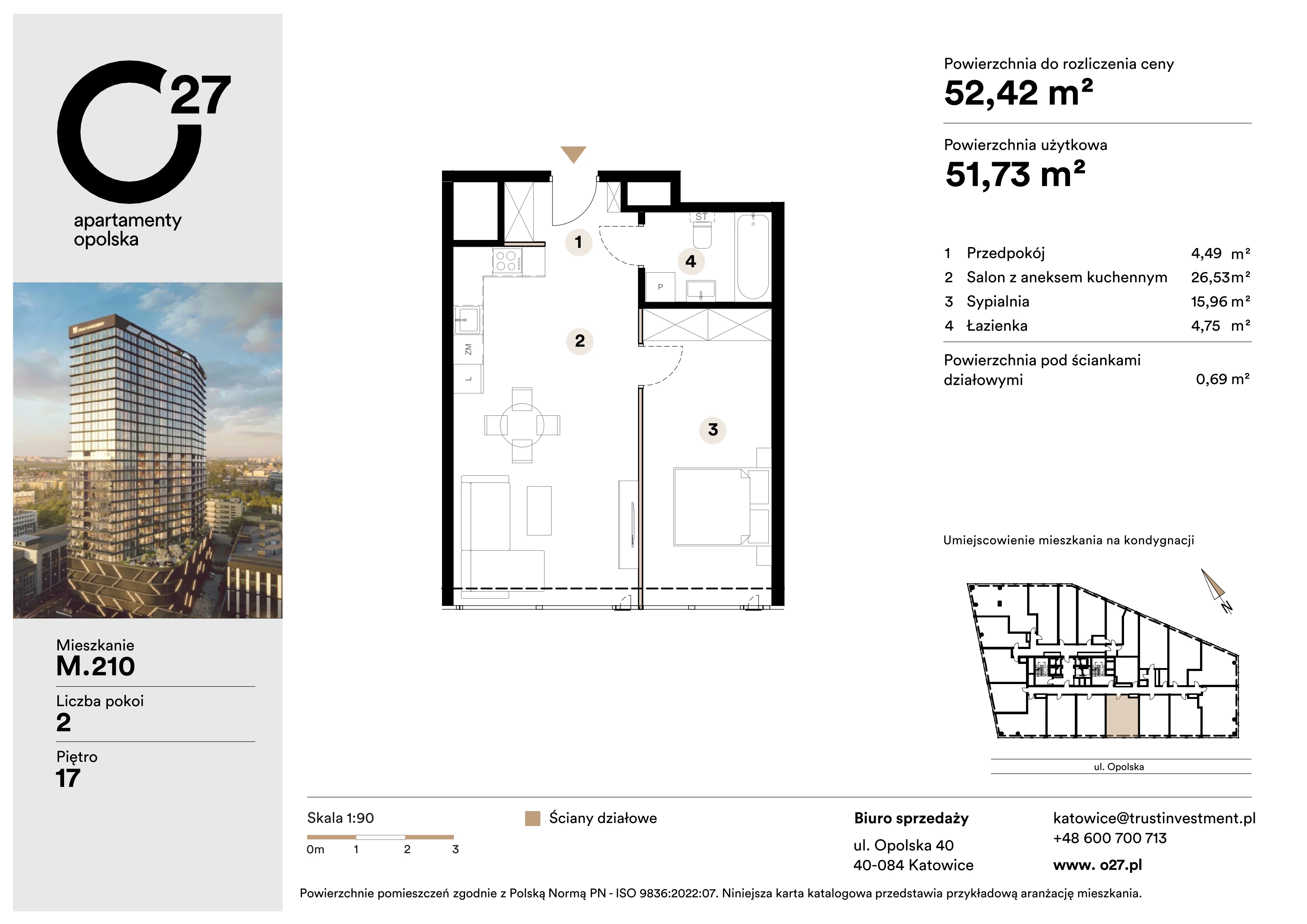 2 pokoje, apartament 52,42 m², piętro 17, oferta nr M.210, O27 Apartamenty Opolska, Katowice, Śródmieście, ul. Opolska 27