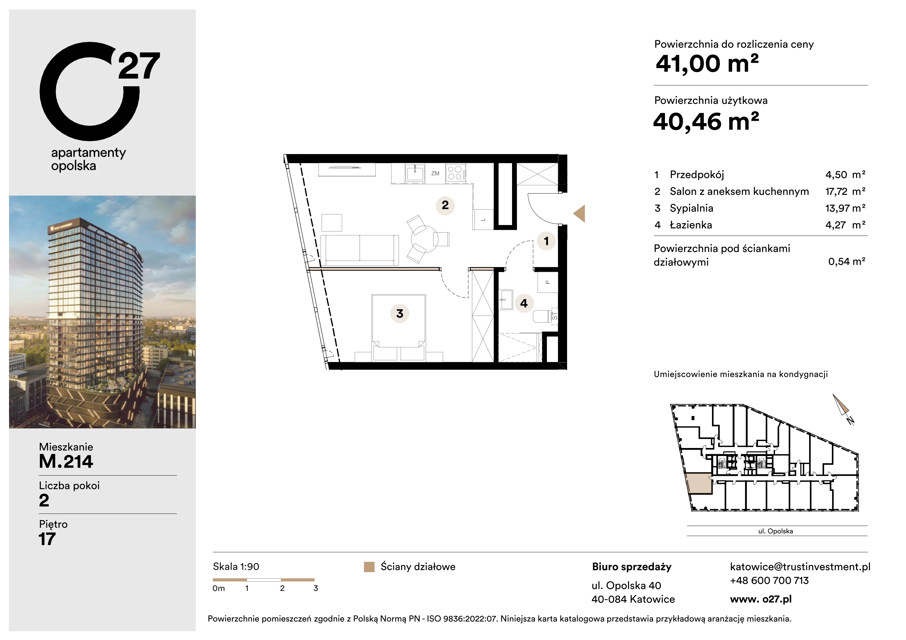 2 pokoje, apartament 41,00 m², piętro 17, oferta nr M.214, O27 Apartamenty Opolska, Katowice, Śródmieście, ul. Opolska 27