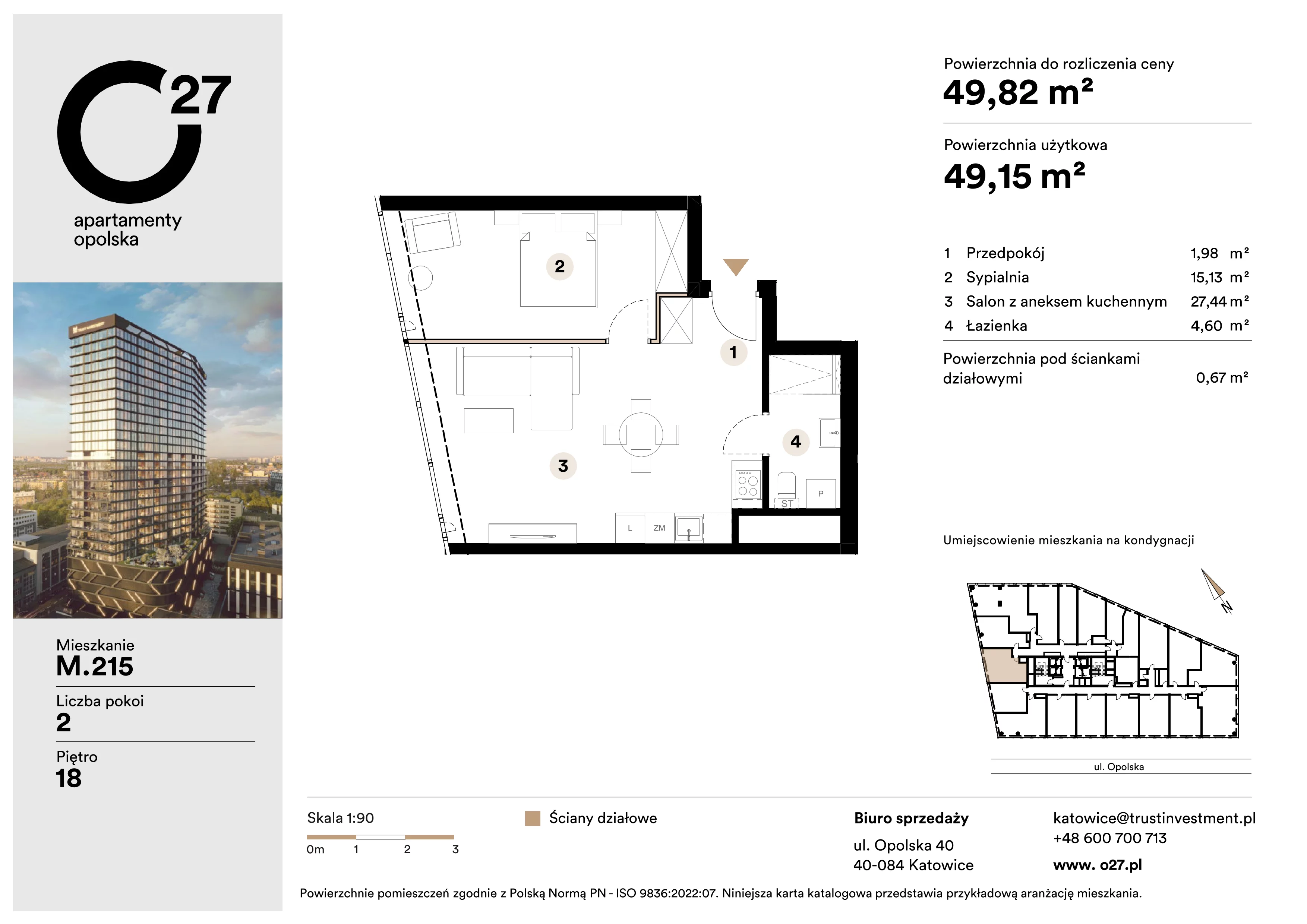 2 pokoje, apartament 49,82 m², piętro 18, oferta nr M.215, O27 Apartamenty Opolska, Katowice, Śródmieście, ul. Opolska 27