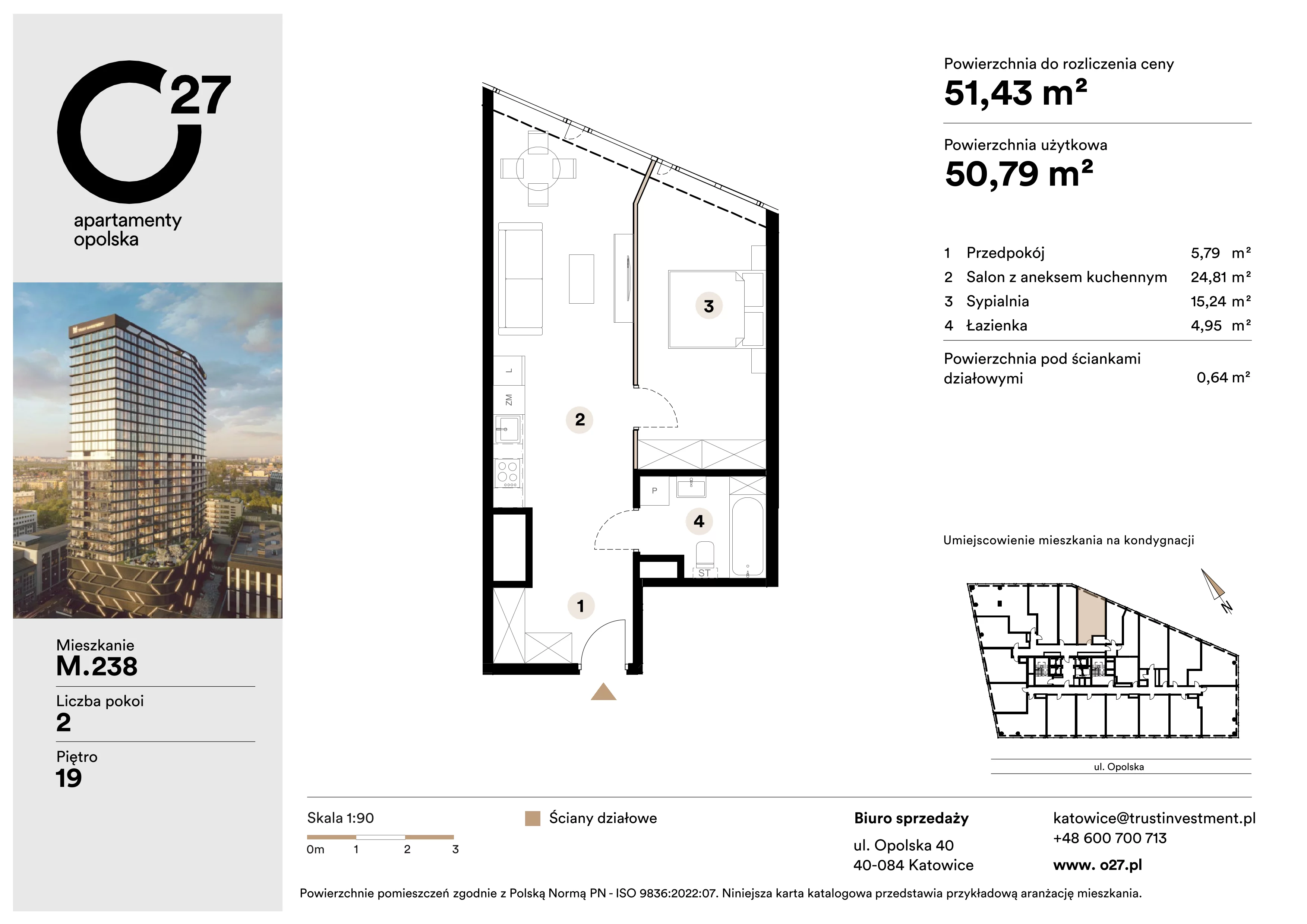 2 pokoje, apartament 51,43 m², piętro 19, oferta nr M.238, O27 Apartamenty Opolska, Katowice, Śródmieście, ul. Opolska 27