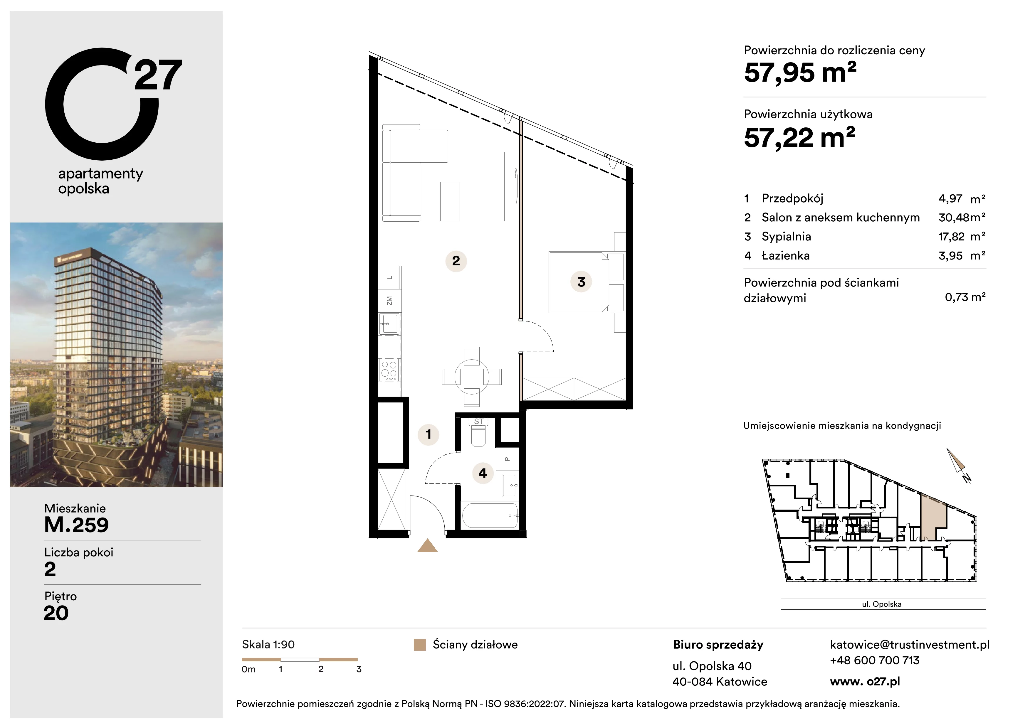 2 pokoje, apartament 57,95 m², piętro 20, oferta nr M.259, O27 Apartamenty Opolska, Katowice, Śródmieście, ul. Opolska 27