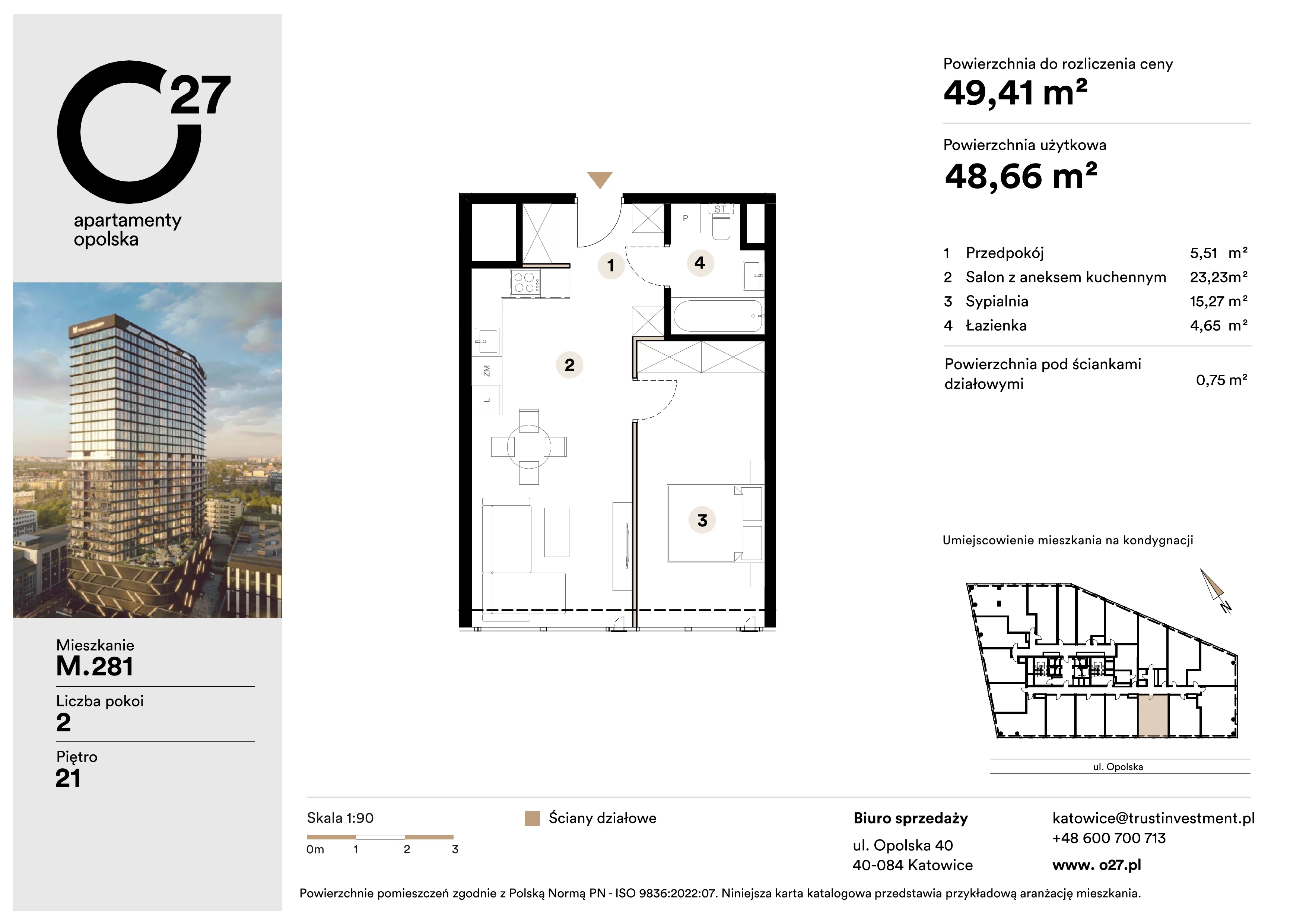 2 pokoje, mieszkanie 49,41 m², piętro 21, oferta nr M.281, O27 Apartamenty Opolska, Katowice, Śródmieście, ul. Opolska 27