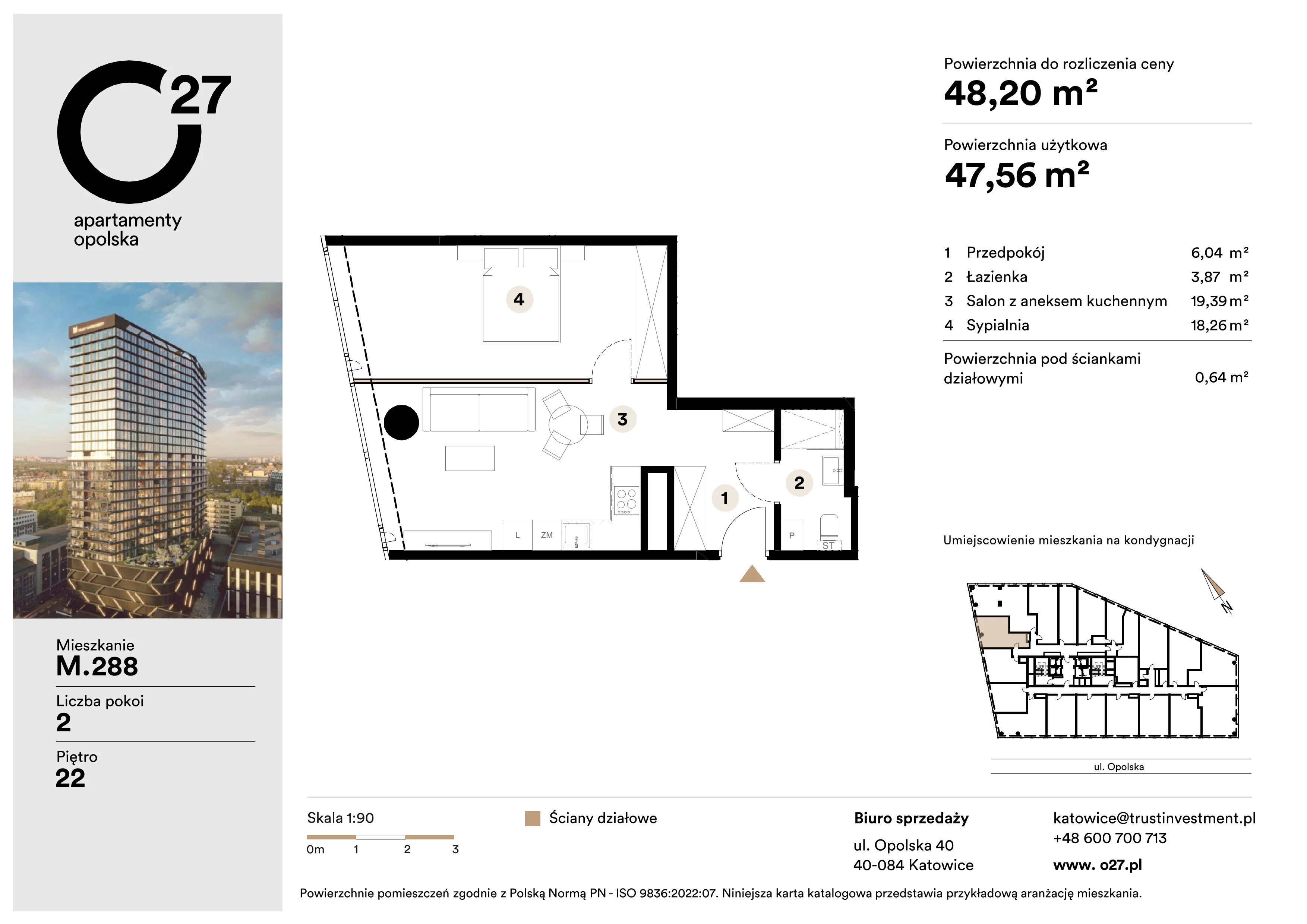 2 pokoje, apartament 48,20 m², piętro 22, oferta nr M.288, O27 Apartamenty Opolska, Katowice, Śródmieście, ul. Opolska 27