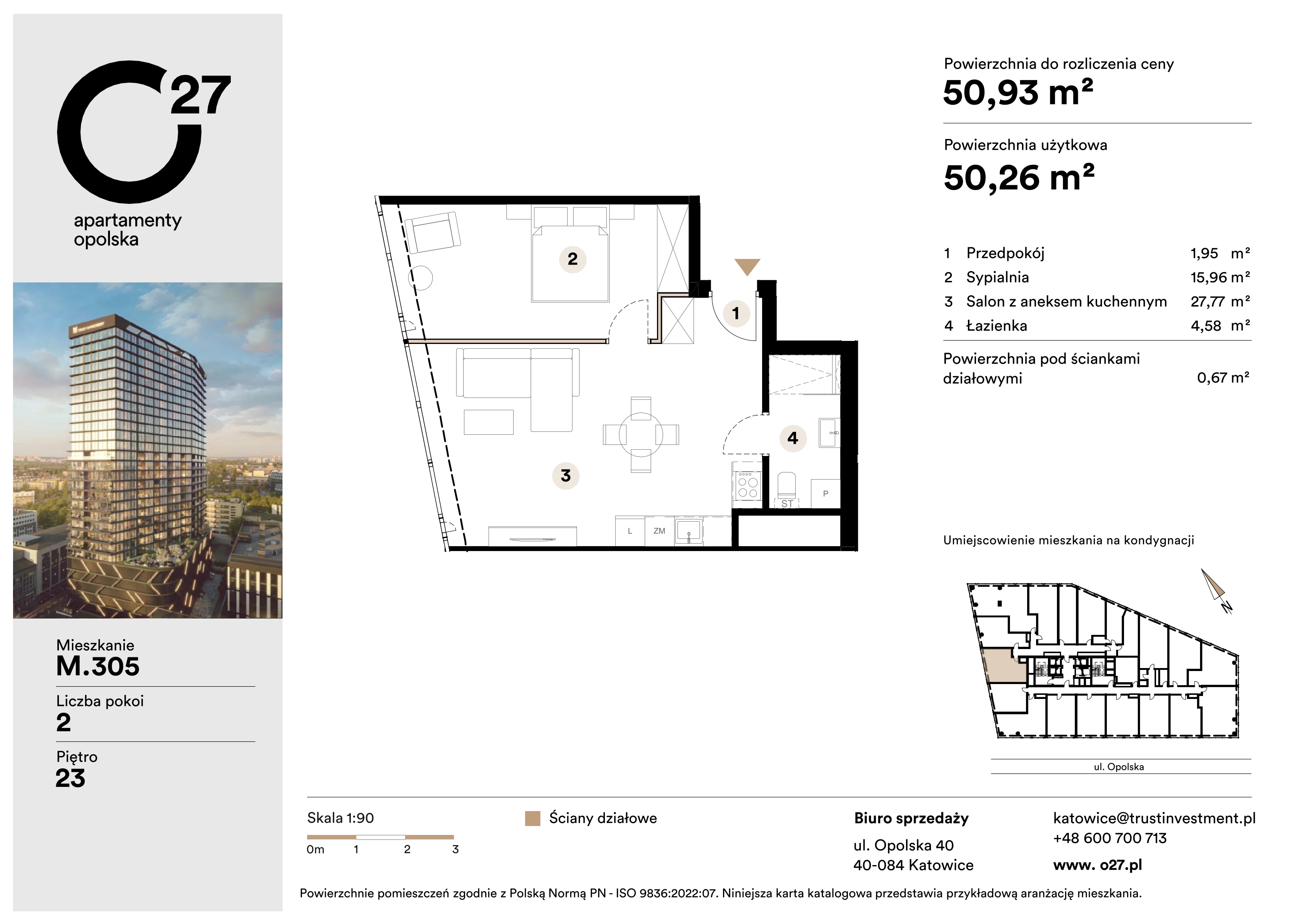 2 pokoje, apartament 50,93 m², piętro 23, oferta nr M.305, O27 Apartamenty Opolska, Katowice, Śródmieście, ul. Opolska 27