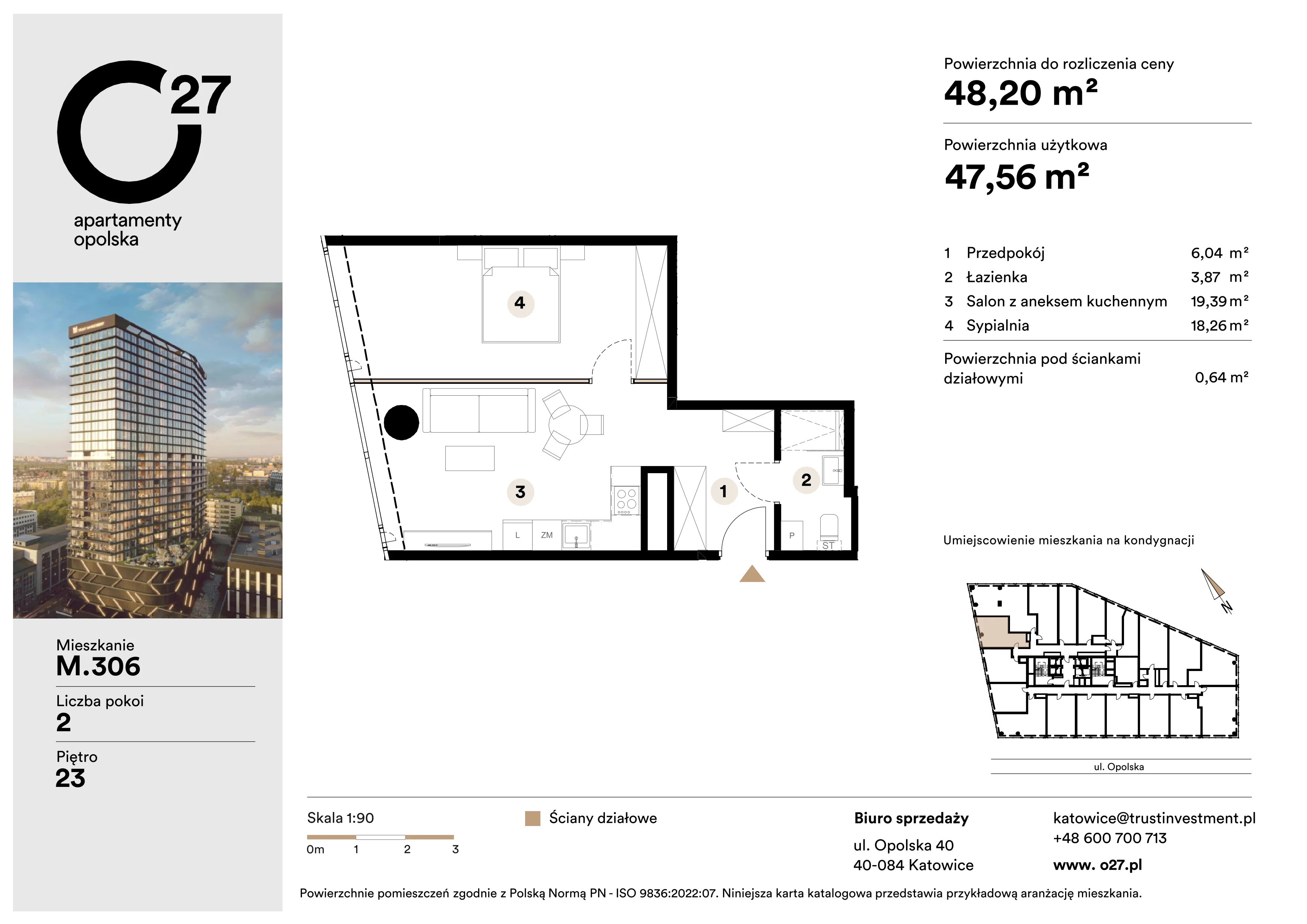 2 pokoje, apartament 48,20 m², piętro 23, oferta nr M.306, O27 Apartamenty Opolska, Katowice, Śródmieście, ul. Opolska 27