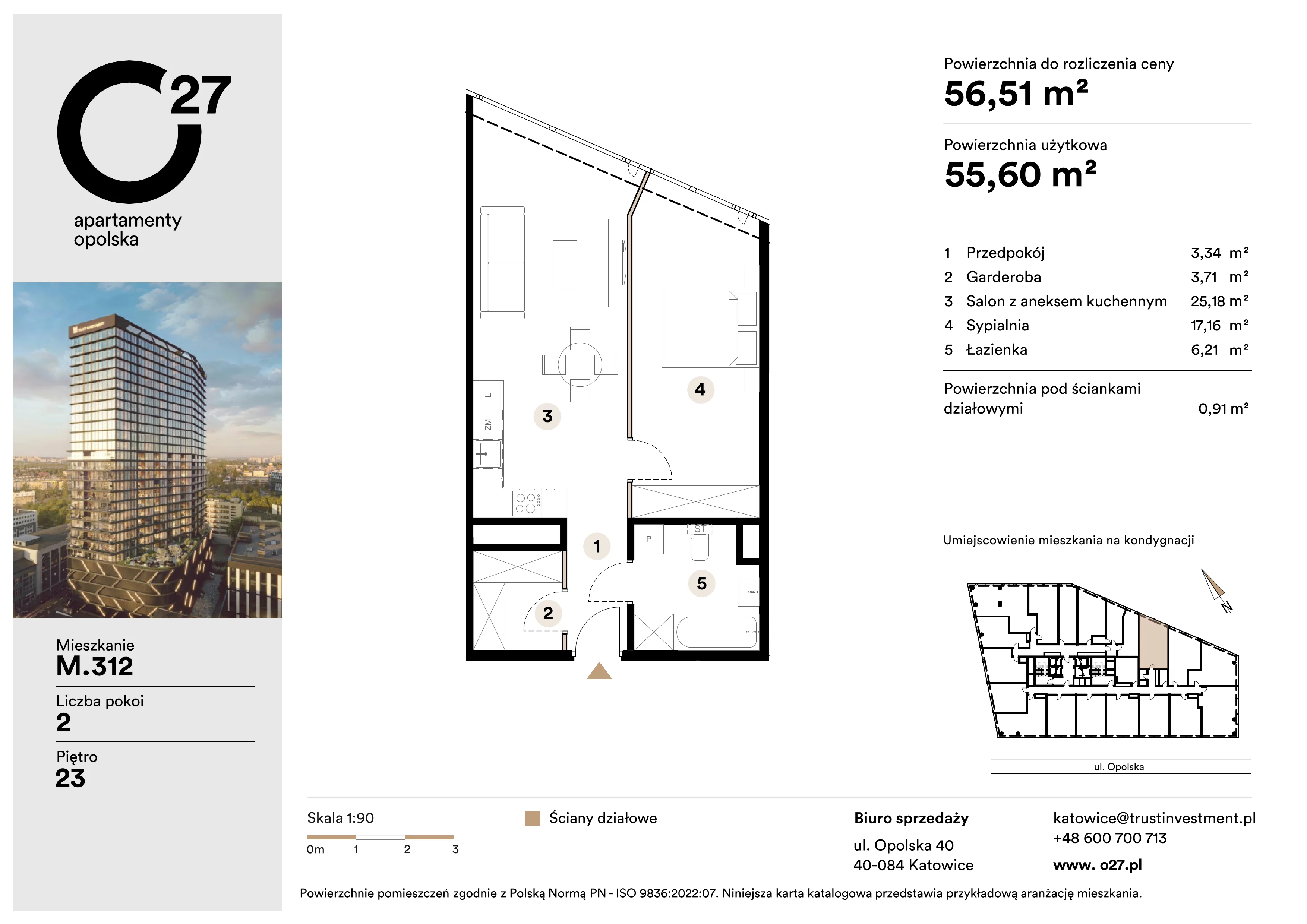 2 pokoje, apartament 56,51 m², piętro 23, oferta nr M.312, O27 Apartamenty Opolska, Katowice, Śródmieście, ul. Opolska 27