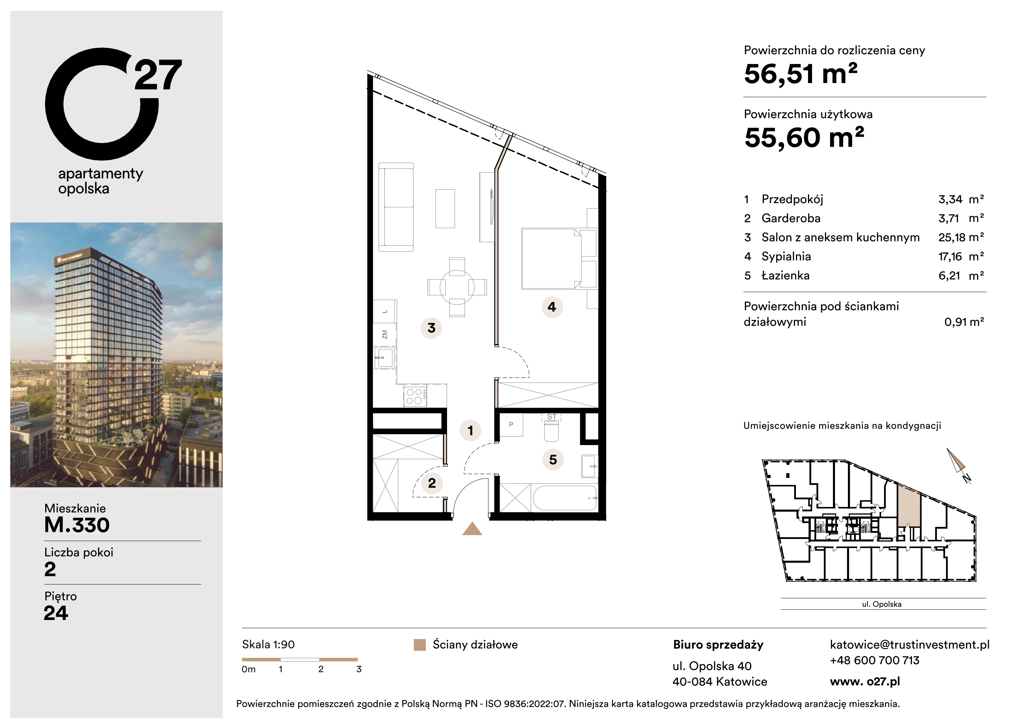 2 pokoje, apartament 56,51 m², piętro 24, oferta nr M.330, O27 Apartamenty Opolska, Katowice, Śródmieście, ul. Opolska 27