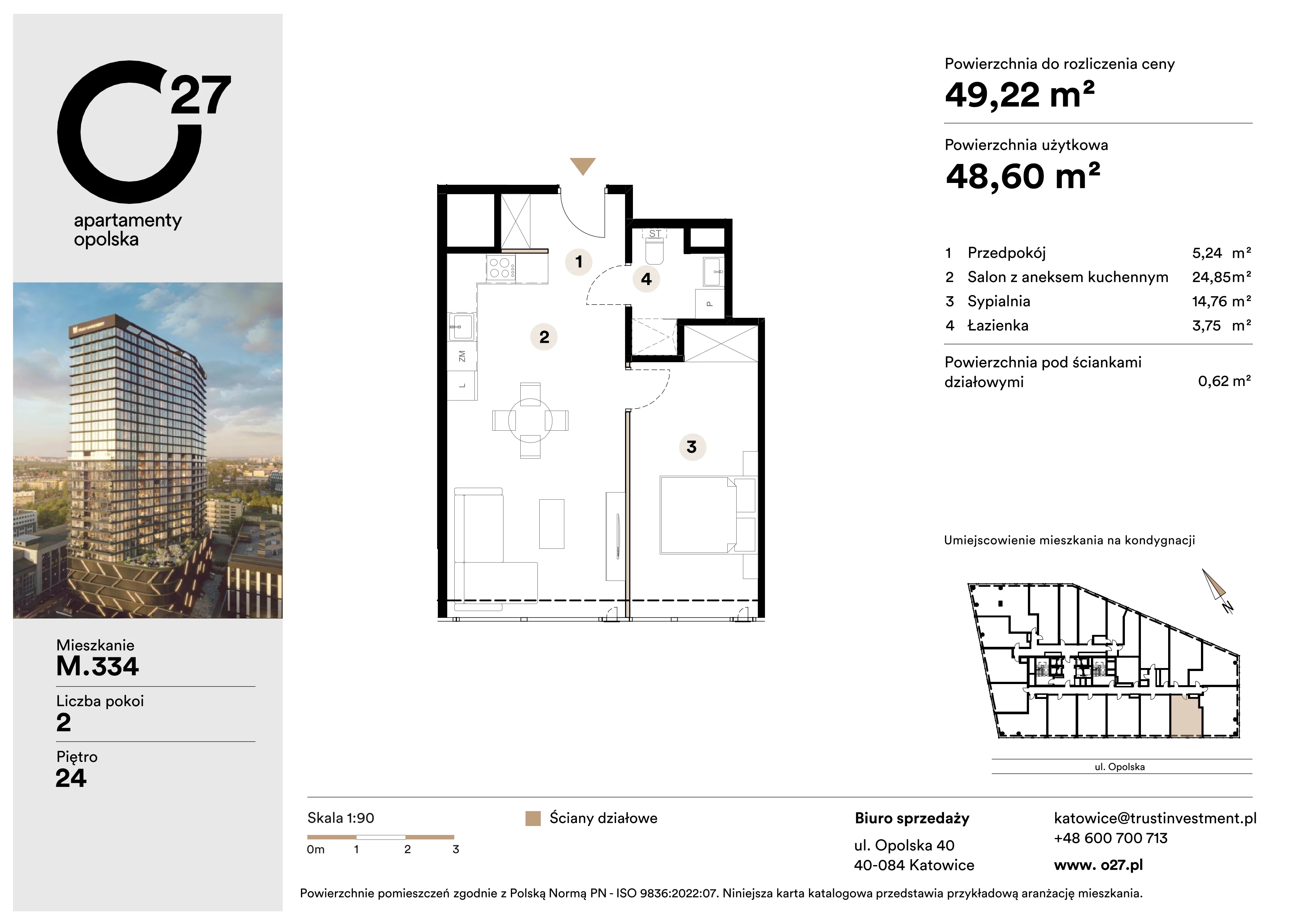 2 pokoje, apartament 49,22 m², piętro 24, oferta nr M.334, O27 Apartamenty Opolska, Katowice, Śródmieście, ul. Opolska 27