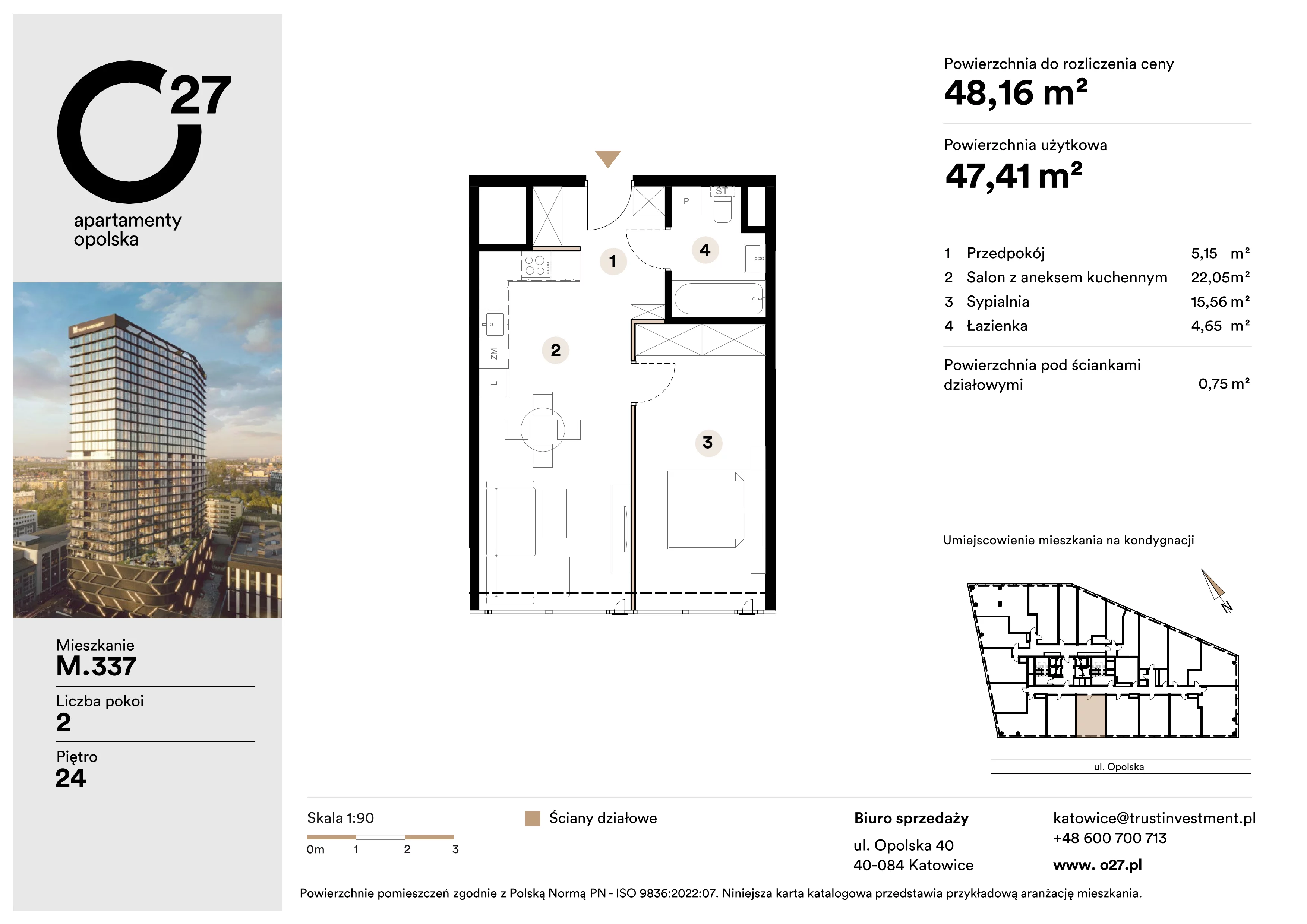 2 pokoje, apartament 48,16 m², piętro 24, oferta nr M.337, O27 Apartamenty Opolska, Katowice, Śródmieście, ul. Opolska 27