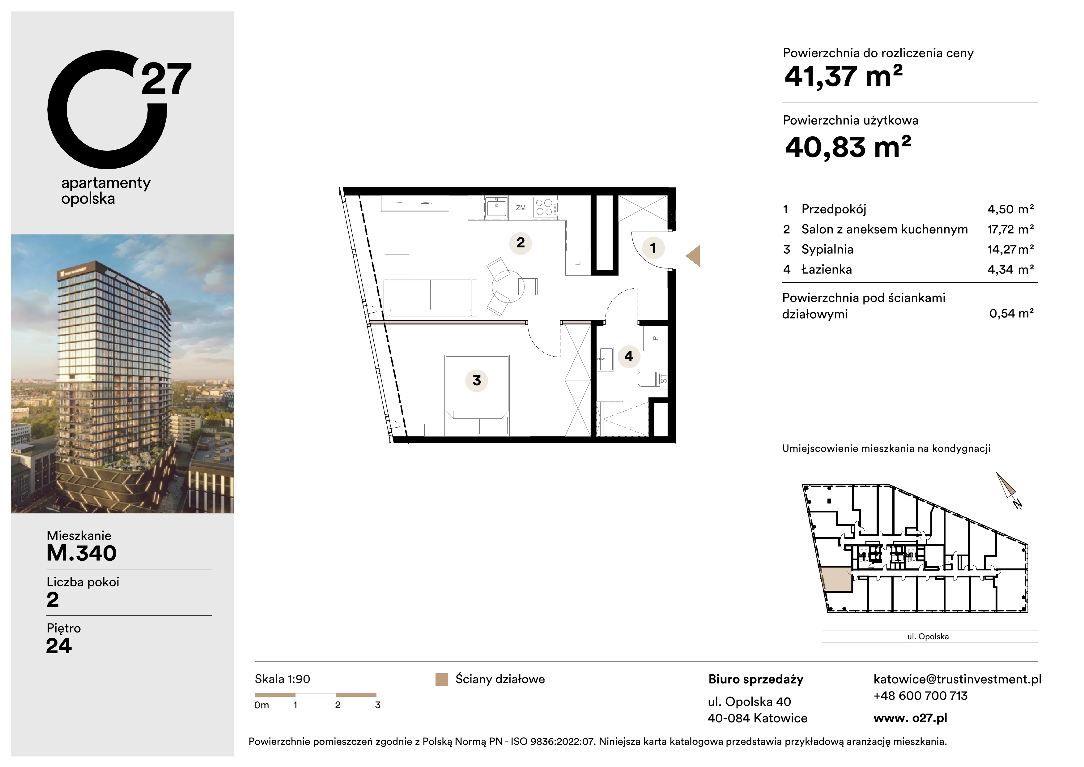 2 pokoje, apartament 41,37 m², piętro 24, oferta nr M.340, O27 Apartamenty Opolska, Katowice, Śródmieście, ul. Opolska 27