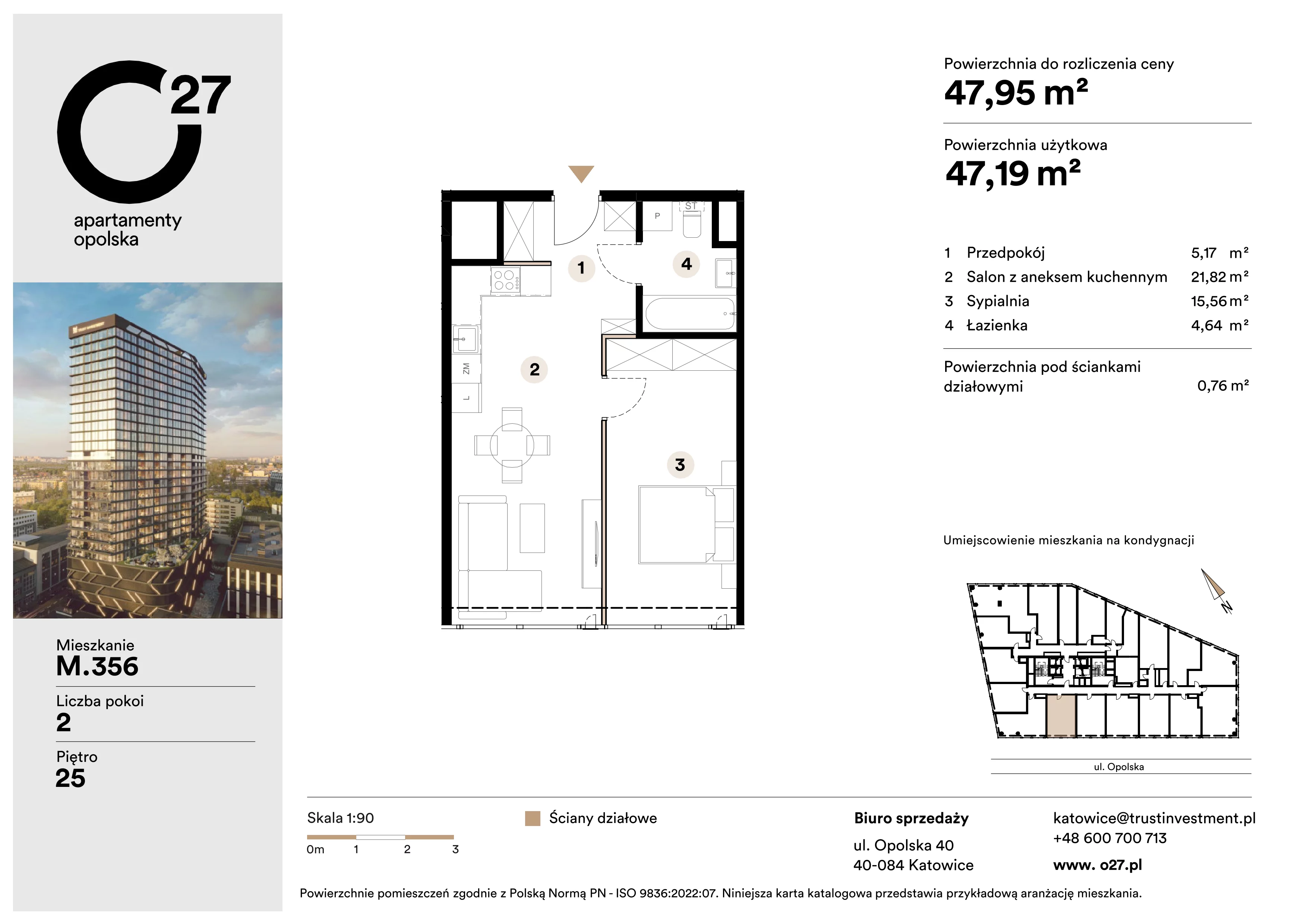 2 pokoje, apartament 47,95 m², piętro 25, oferta nr M.356, O27 Apartamenty Opolska, Katowice, Śródmieście, ul. Opolska 27