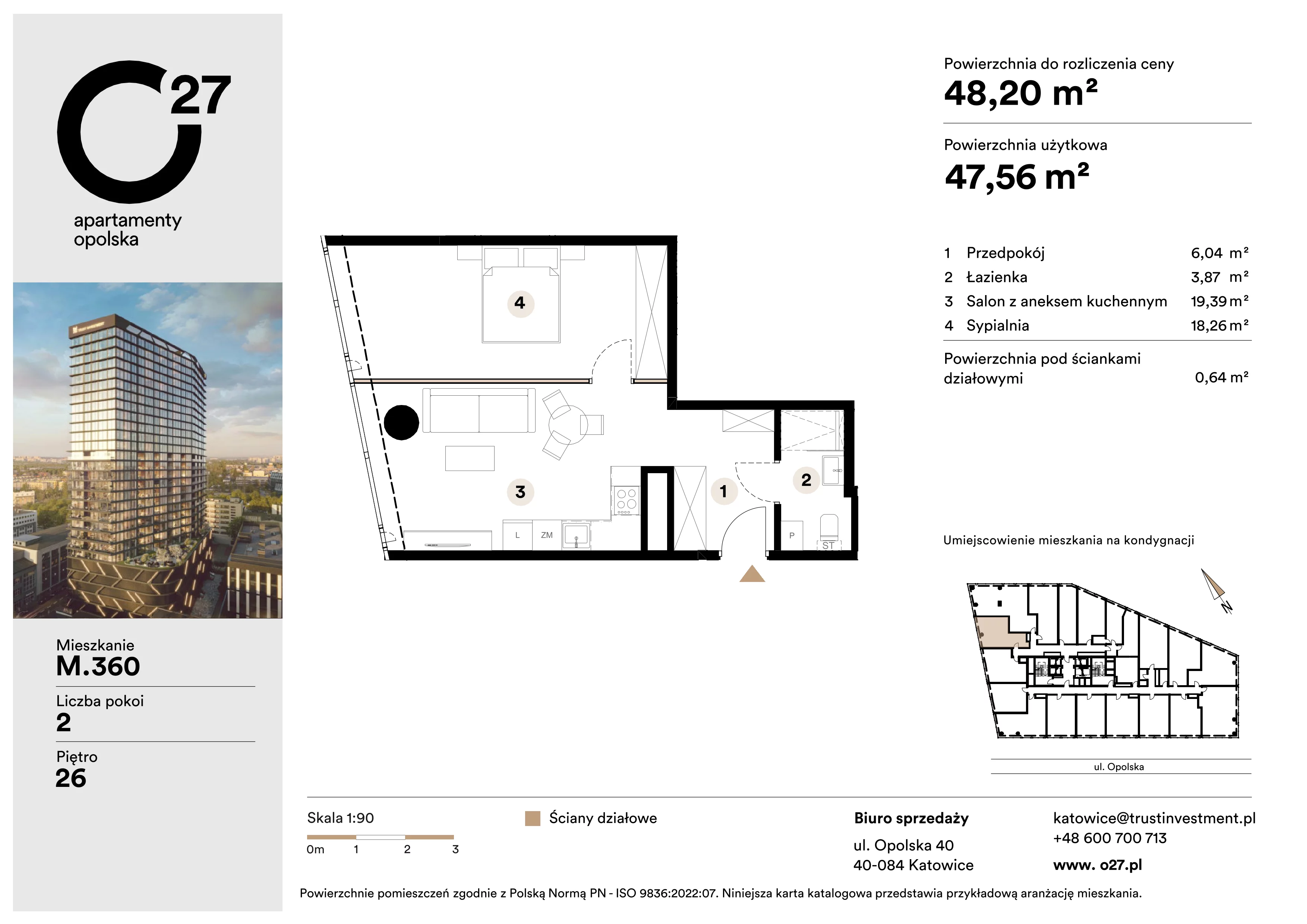 2 pokoje, apartament 48,20 m², piętro 26, oferta nr M.360, O27 Apartamenty Opolska, Katowice, Śródmieście, ul. Opolska 27