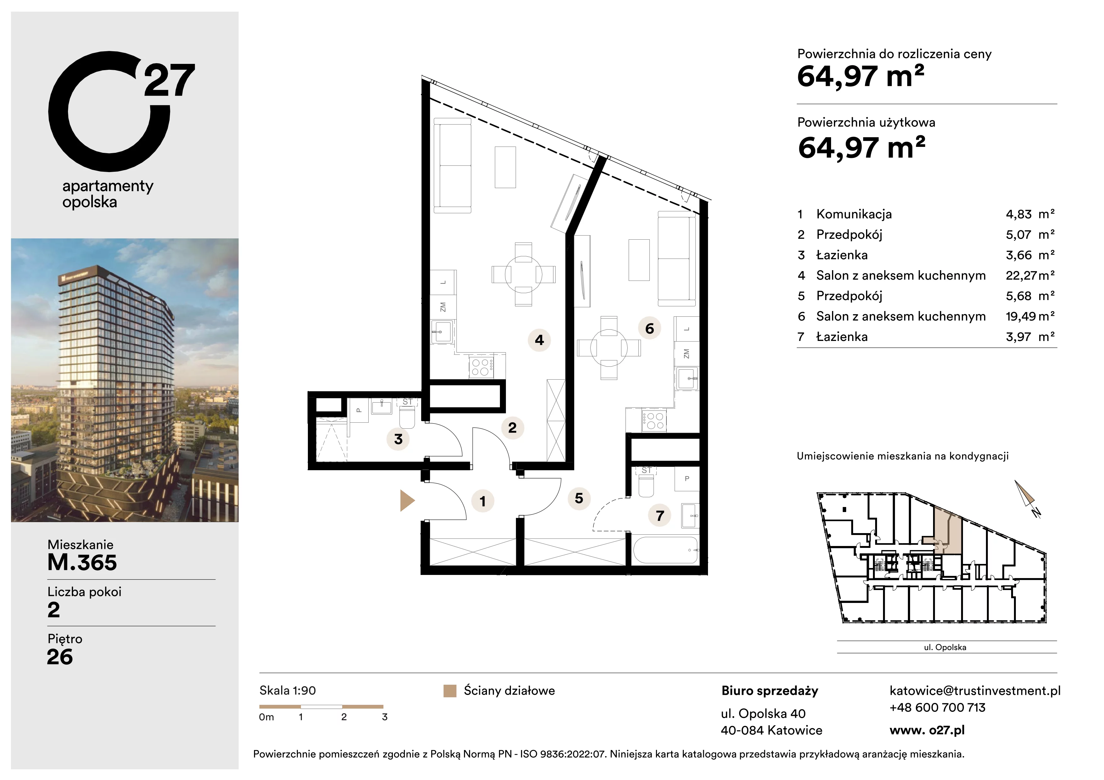 2 pokoje, apartament 64,97 m², piętro 26, oferta nr M.365, O27 Apartamenty Opolska, Katowice, Śródmieście, ul. Opolska 27