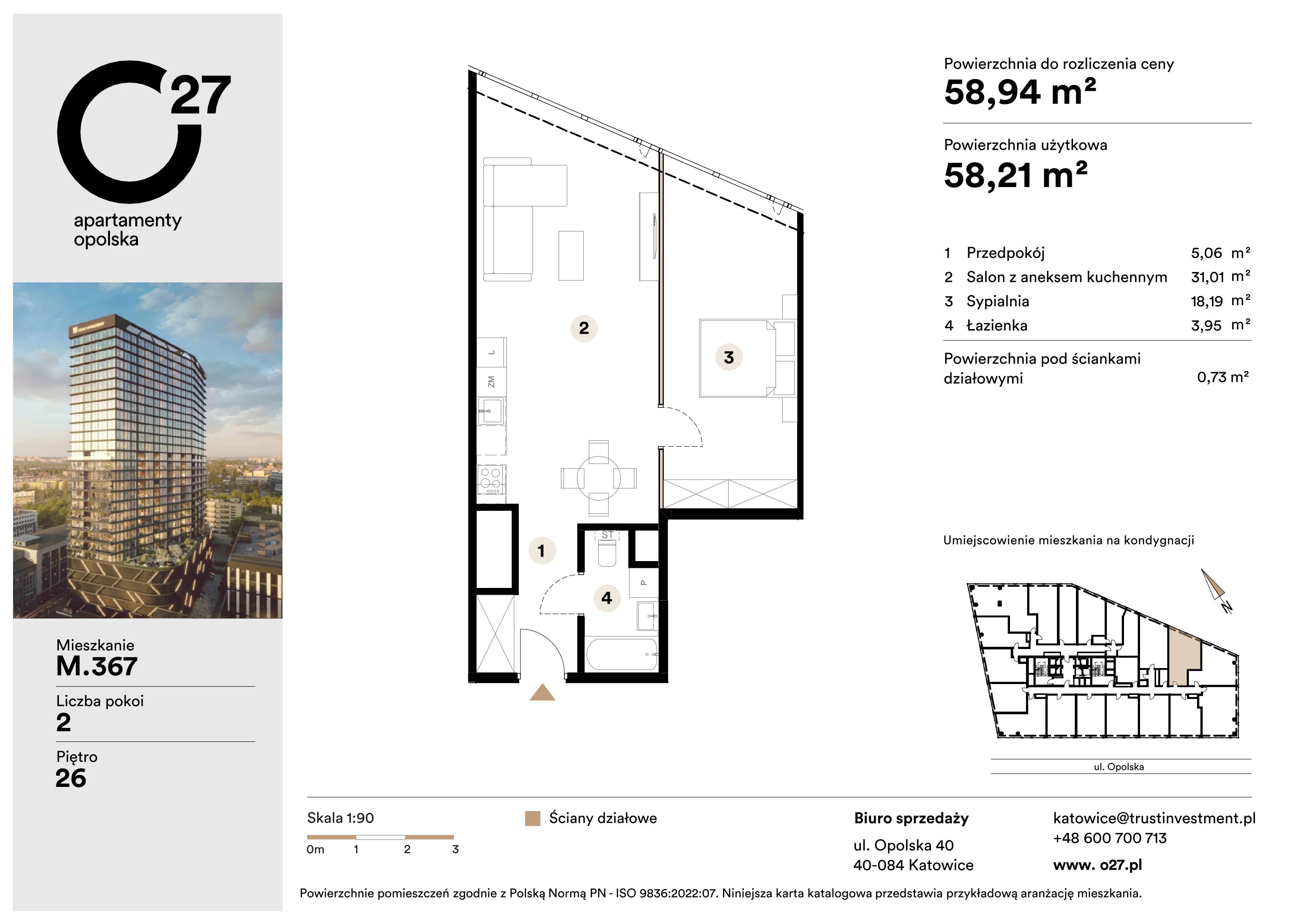 2 pokoje, apartament 58,94 m², piętro 26, oferta nr M.367, O27 Apartamenty Opolska, Katowice, Śródmieście, ul. Opolska 27
