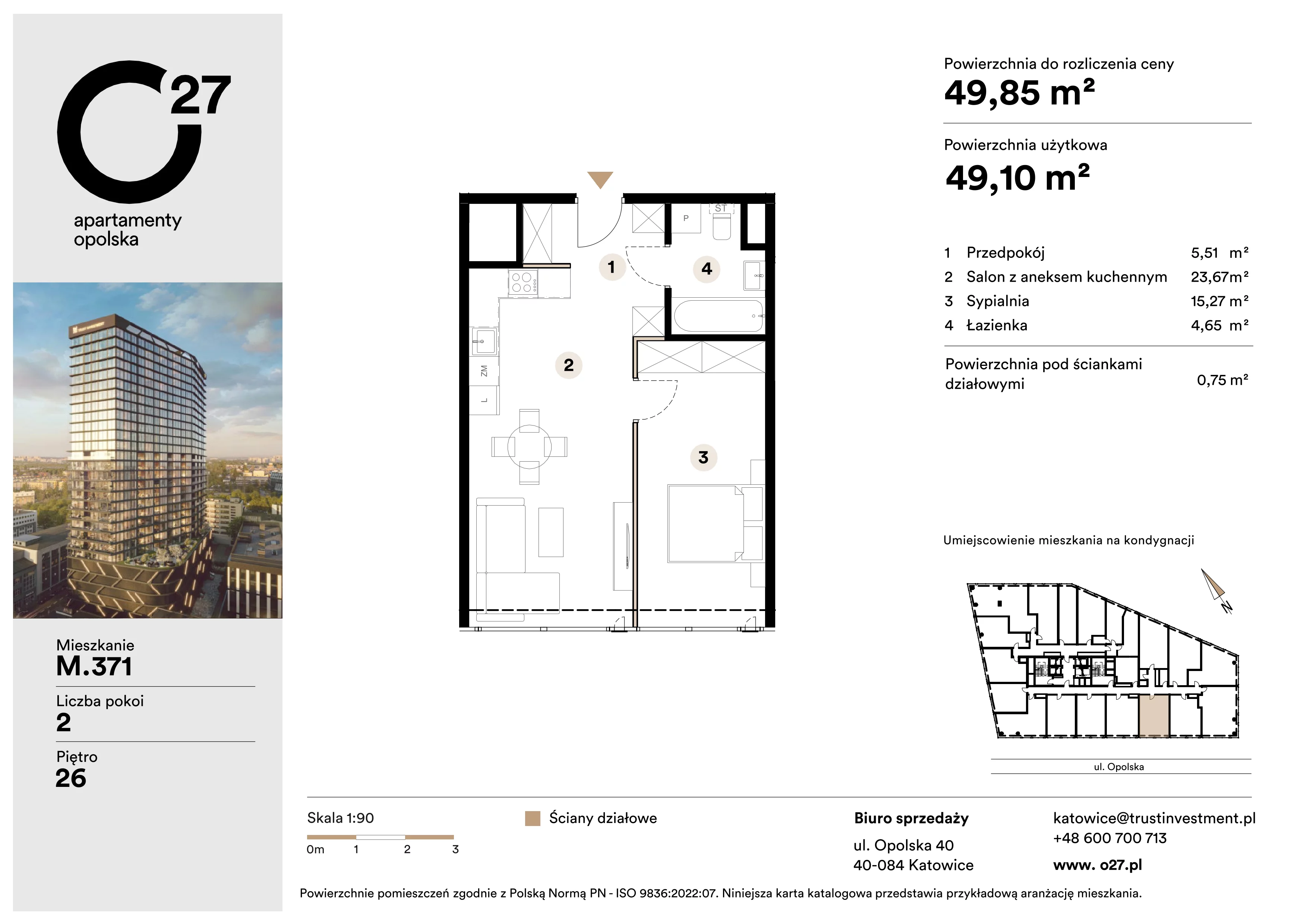 2 pokoje, apartament 49,85 m², piętro 26, oferta nr M.371, O27 Apartamenty Opolska, Katowice, Śródmieście, ul. Opolska 27