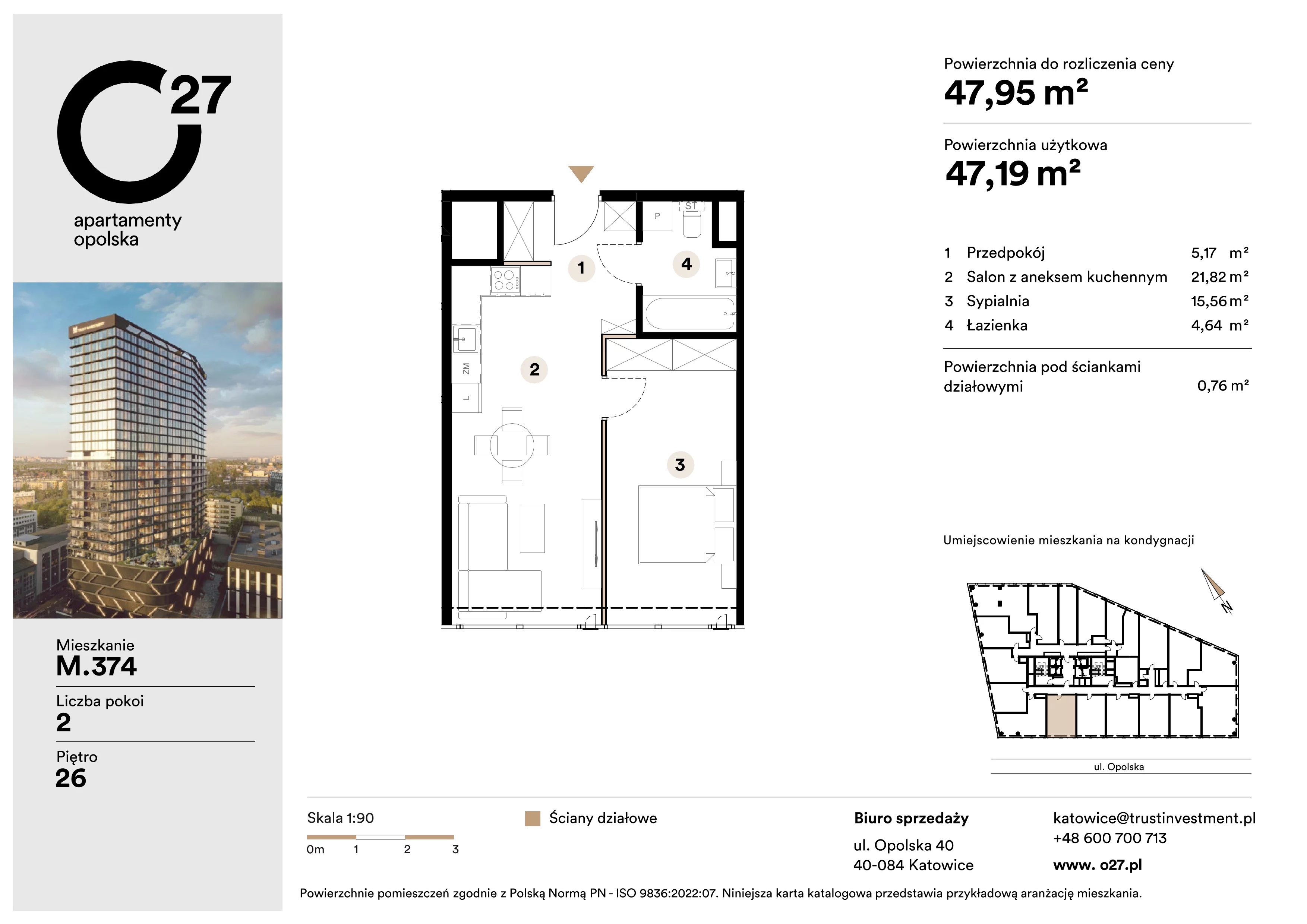 2 pokoje, apartament 47,95 m², piętro 26, oferta nr M.374, O27 Apartamenty Opolska, Katowice, Śródmieście, ul. Opolska 27
