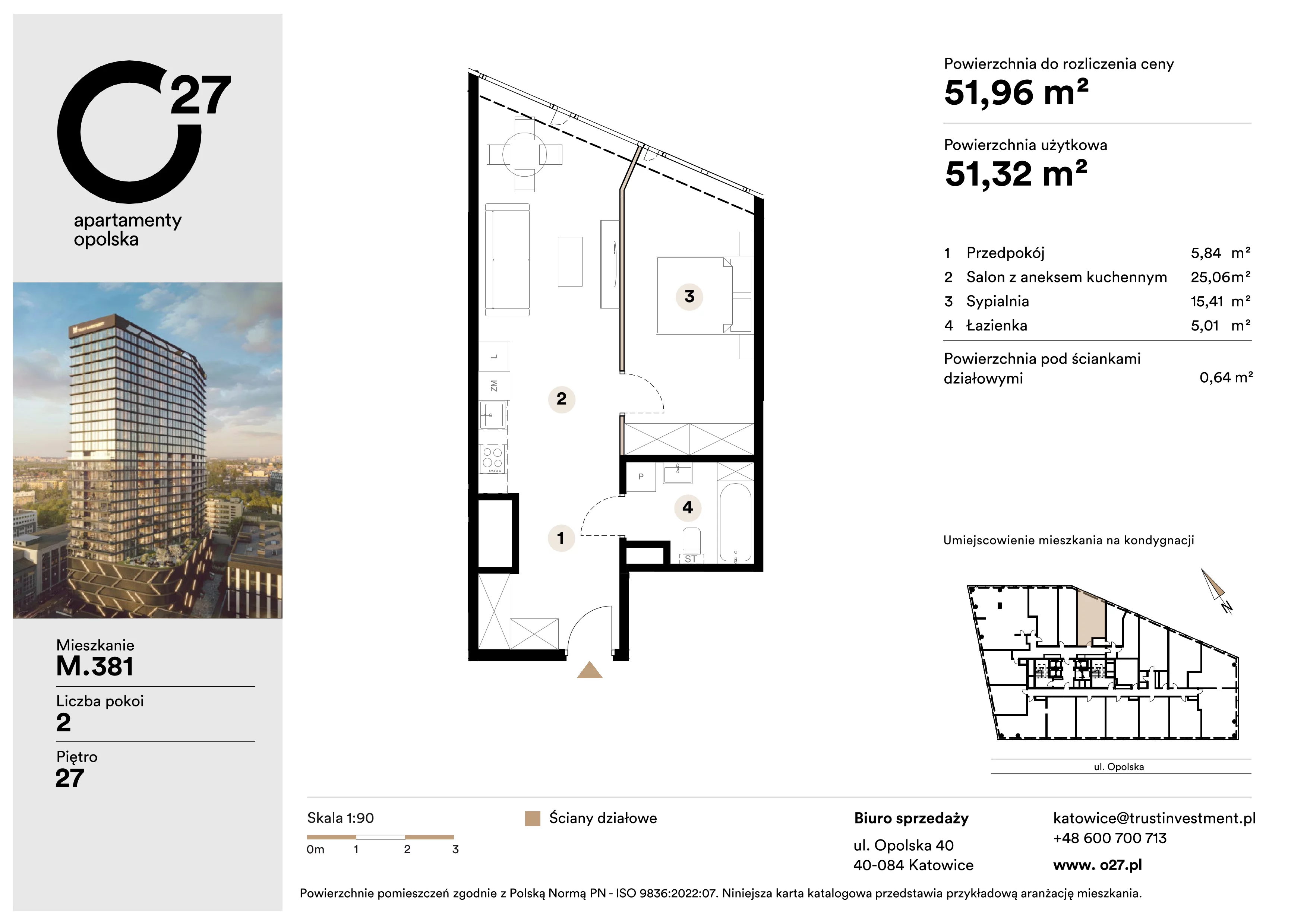 2 pokoje, apartament 51,96 m², piętro 27, oferta nr M.381, O27 Apartamenty Opolska, Katowice, Śródmieście, ul. Opolska 27