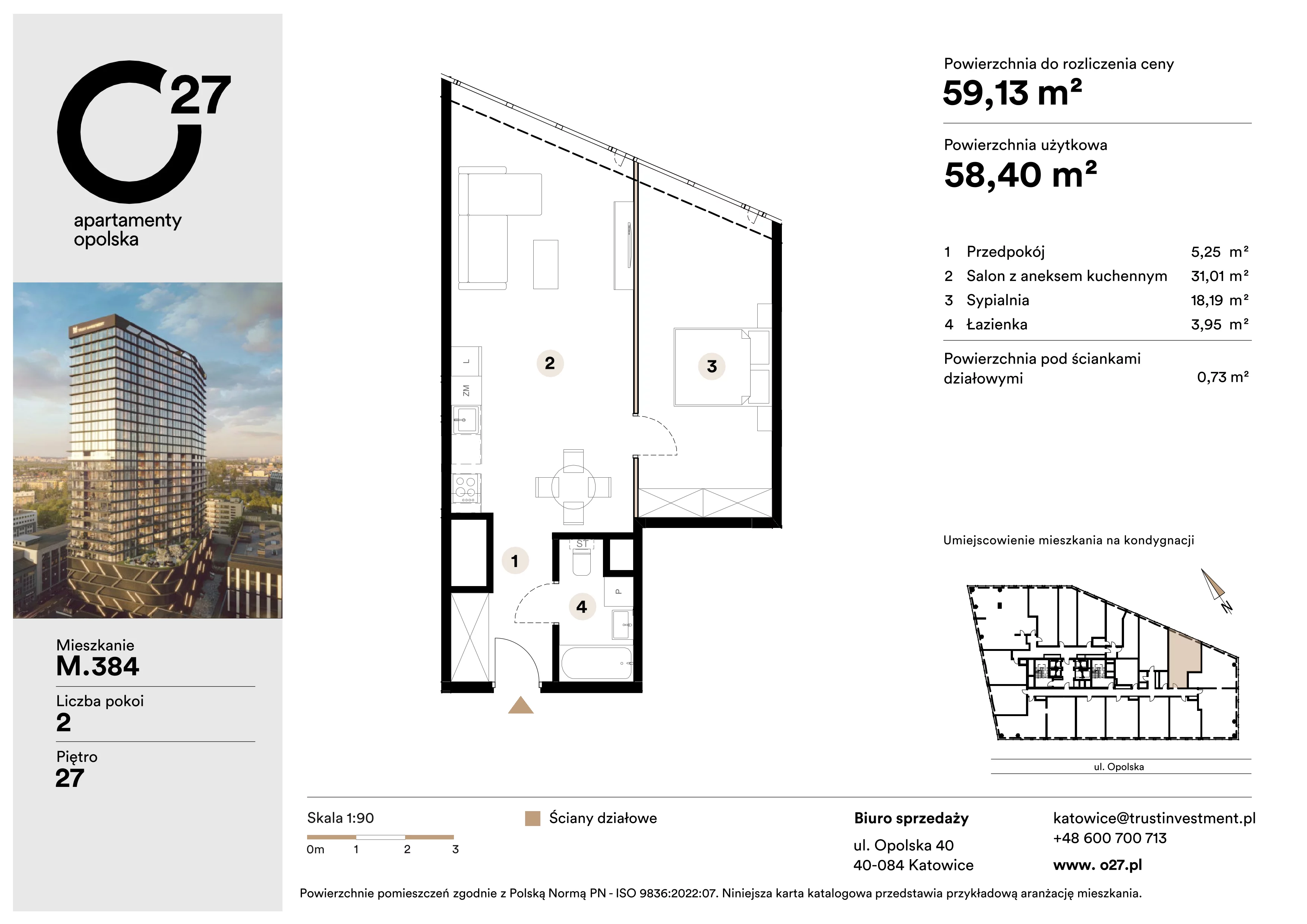 2 pokoje, apartament 59,13 m², piętro 27, oferta nr M.384, O27 Apartamenty Opolska, Katowice, Śródmieście, ul. Opolska 27
