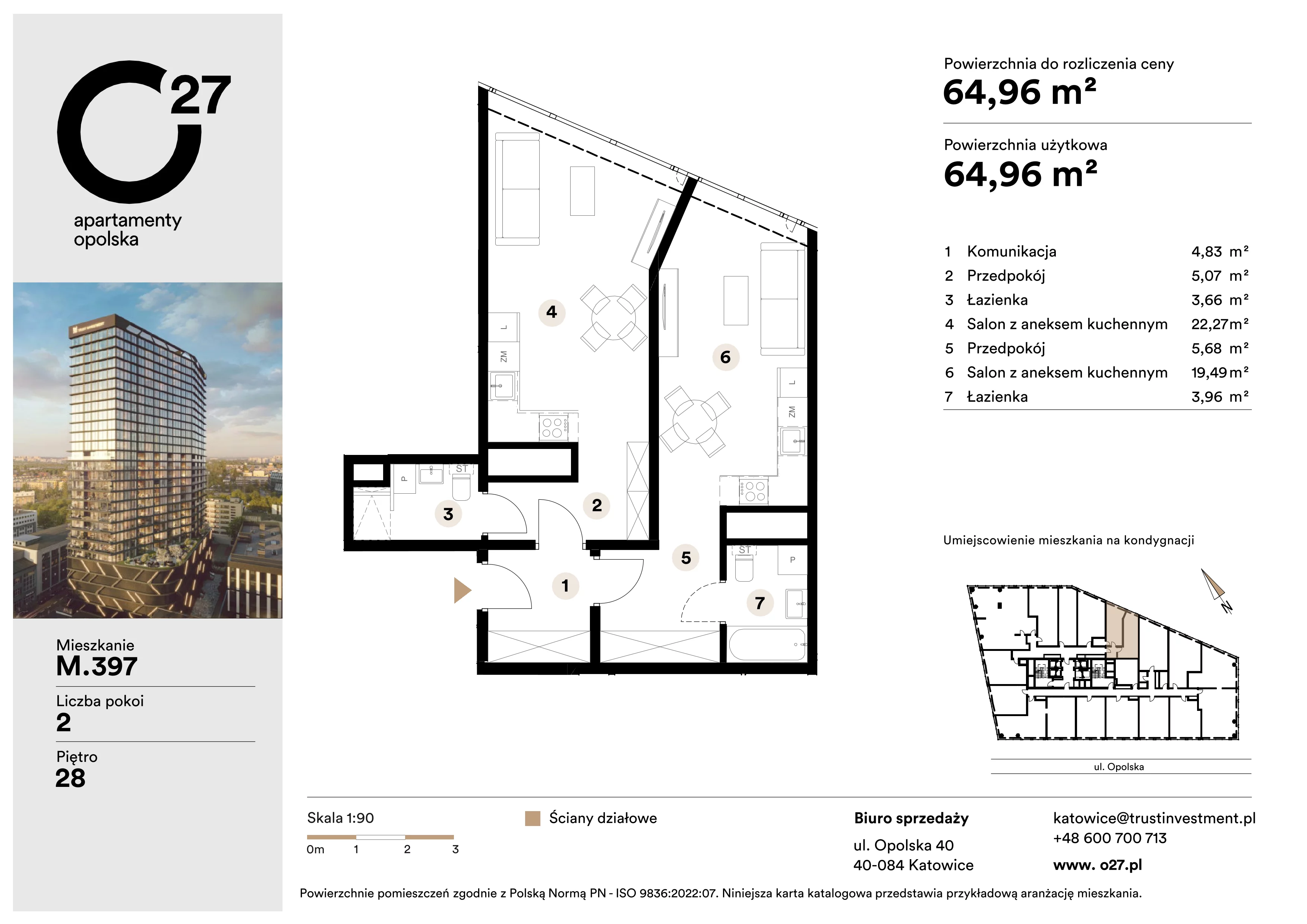2 pokoje, apartament 64,96 m², piętro 28, oferta nr M.397, O27 Apartamenty Opolska, Katowice, Śródmieście, ul. Opolska 27