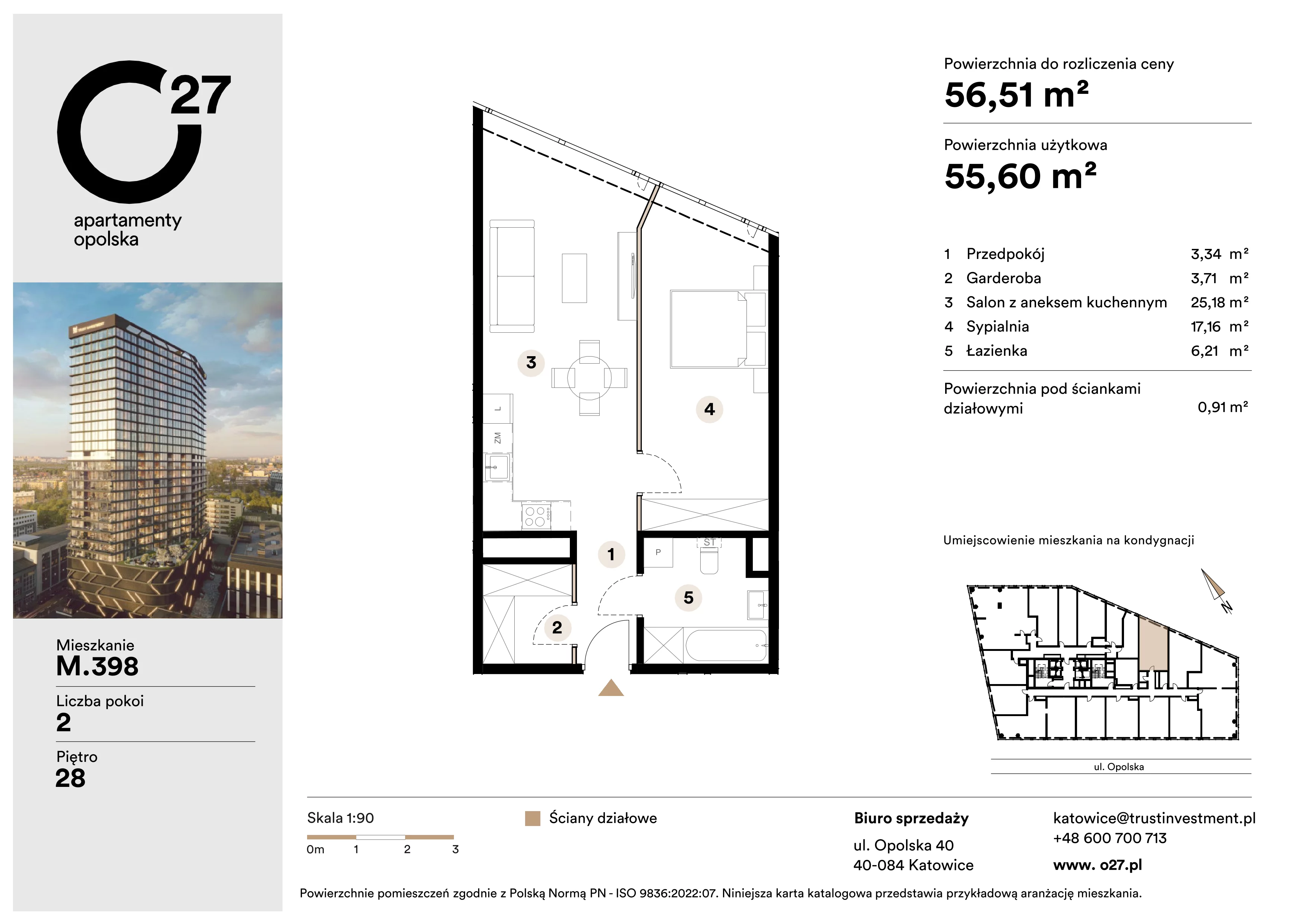 2 pokoje, apartament 56,51 m², piętro 28, oferta nr M.398, O27 Apartamenty Opolska, Katowice, Śródmieście, ul. Opolska 27
