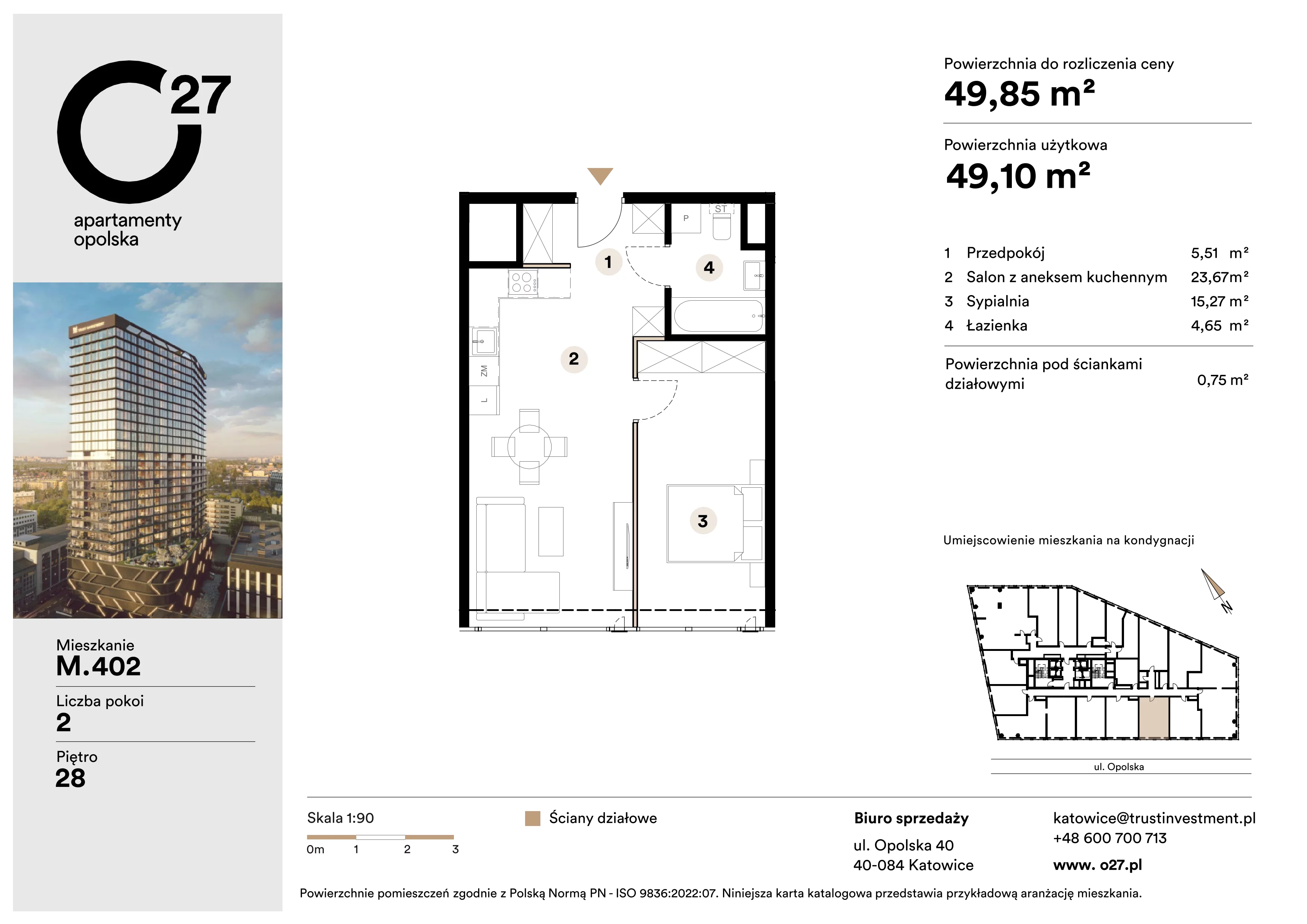 2 pokoje, apartament 49,85 m², piętro 28, oferta nr M.402, O27 Apartamenty Opolska, Katowice, Śródmieście, ul. Opolska 27