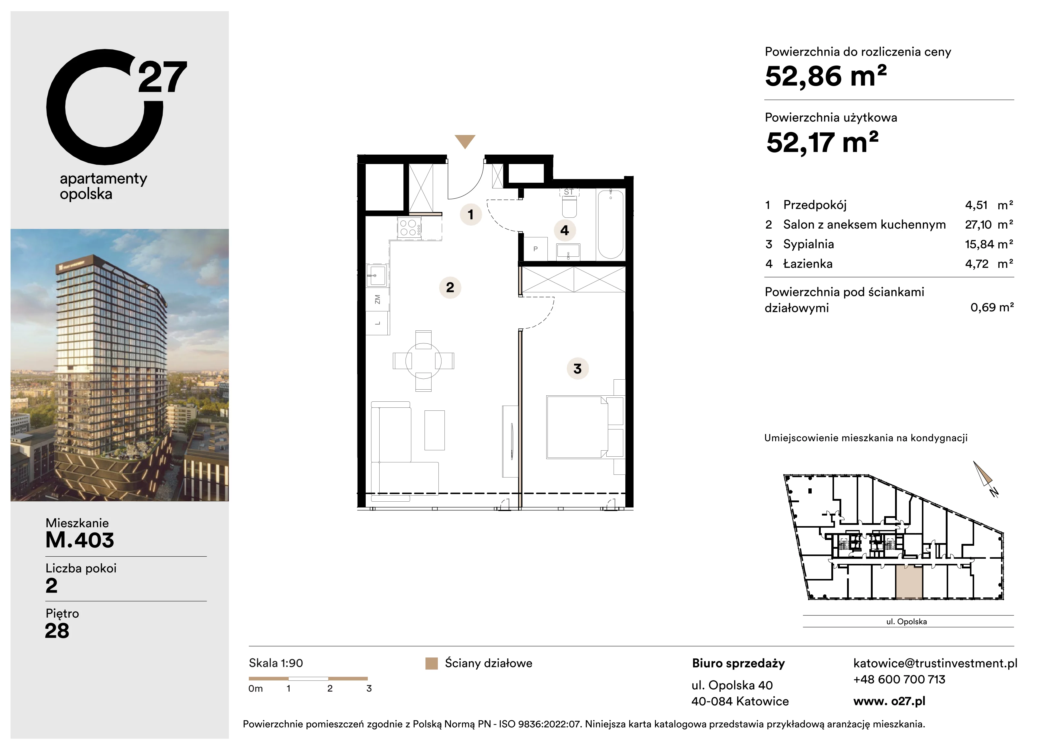 2 pokoje, apartament 52,89 m², piętro 28, oferta nr M.403, O27 Apartamenty Opolska, Katowice, Śródmieście, ul. Opolska 27