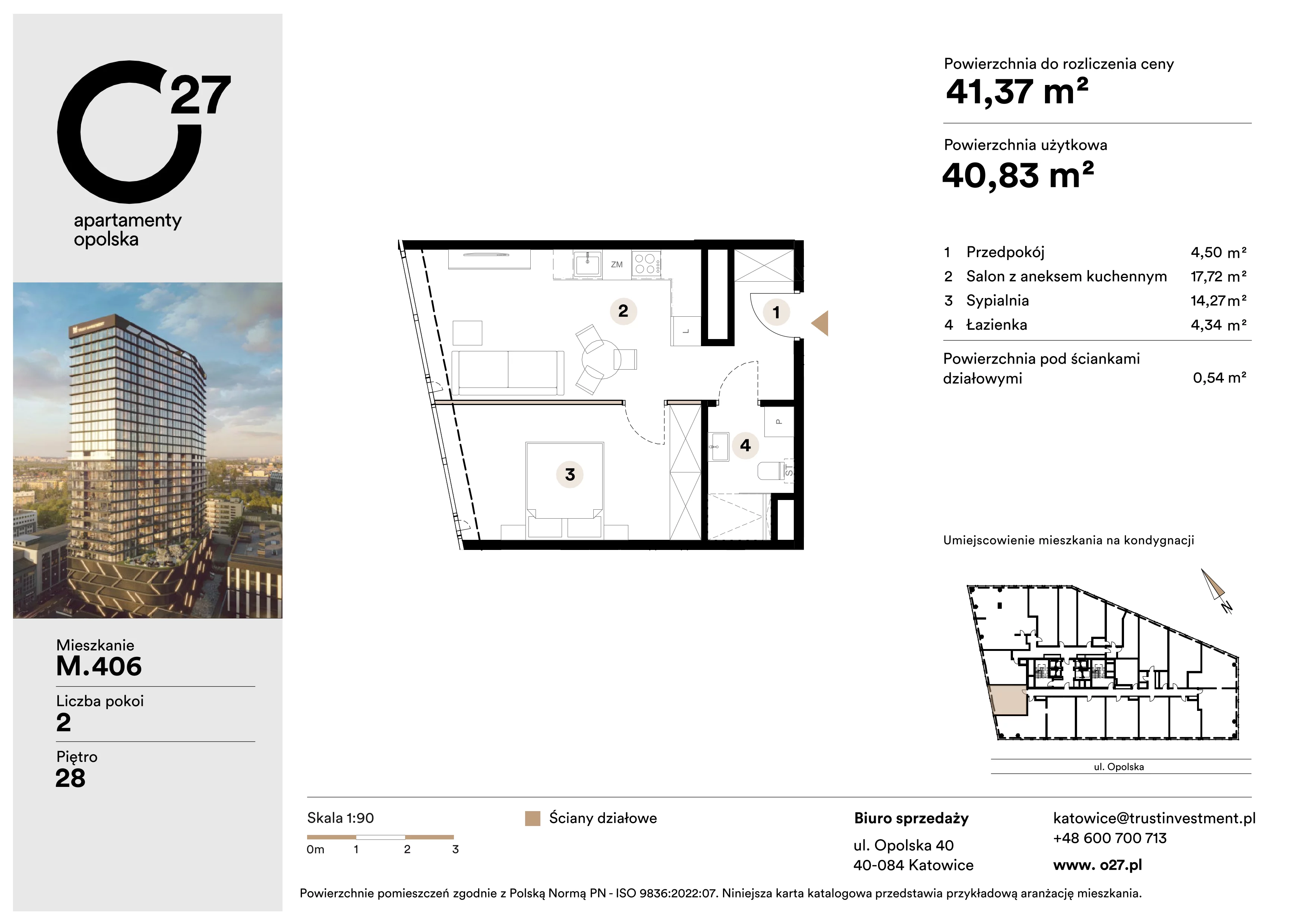 2 pokoje, apartament 41,37 m², piętro 28, oferta nr M.406, O27 Apartamenty Opolska, Katowice, Śródmieście, ul. Opolska 27