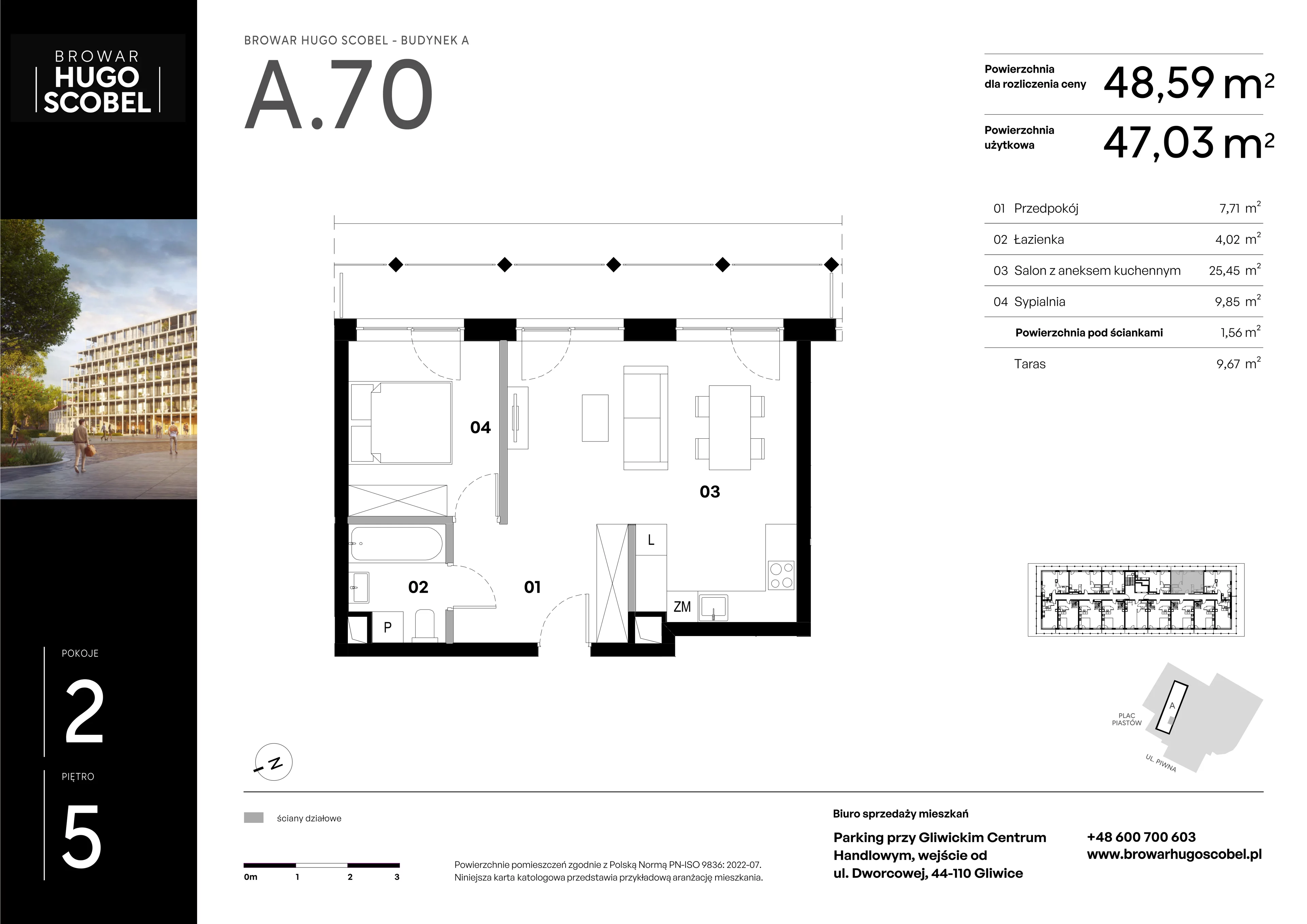 Mieszkanie 48,59 m², piętro 5, oferta nr A.70, Browar Hugo Scobel, Gliwice, Śródmieście, ul. Piwna-idx