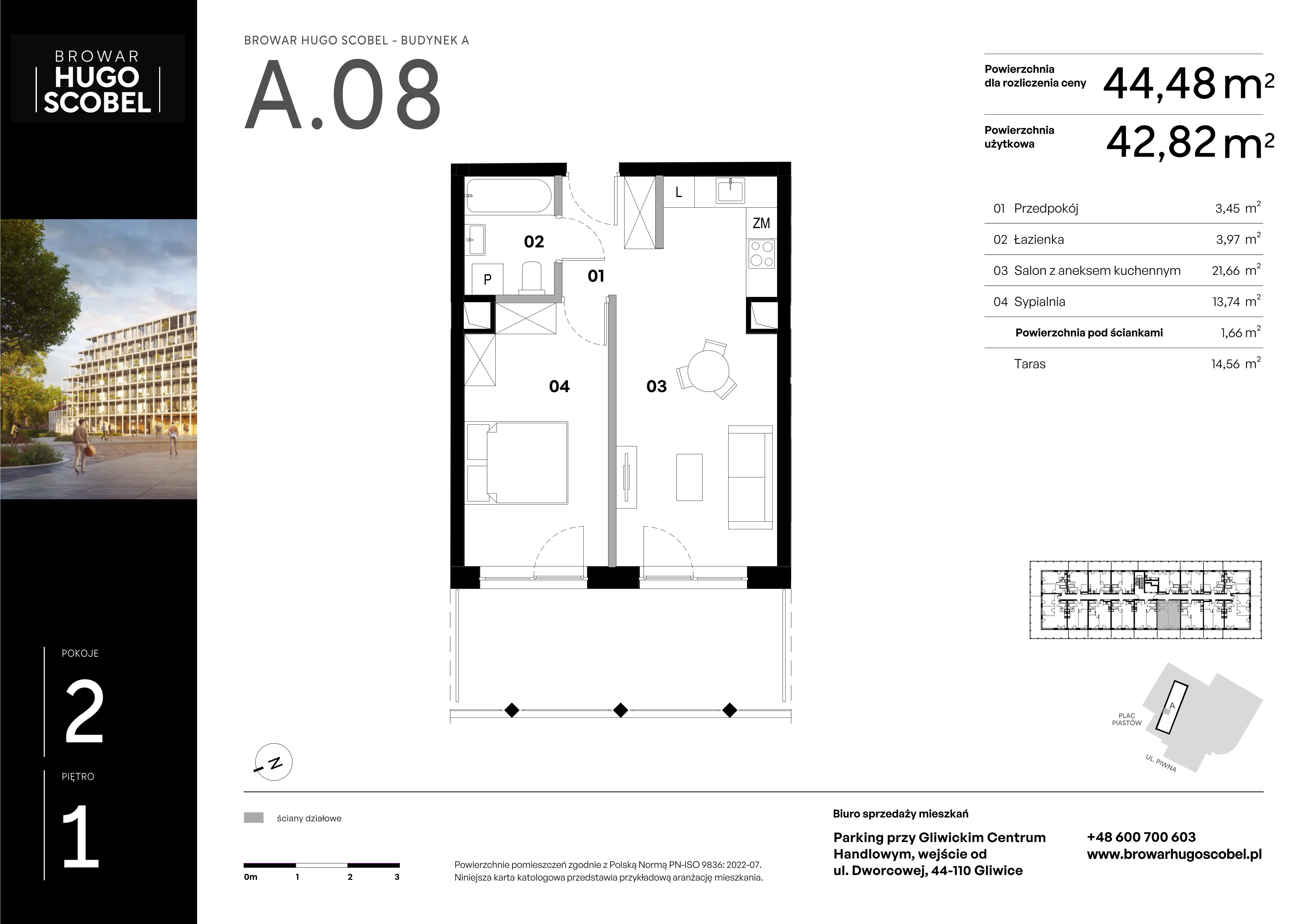 2 pokoje, apartament 44,48 m², piętro 1, oferta nr A.08, Browar Hugo Scobel, Gliwice, Śródmieście, ul. Piwna